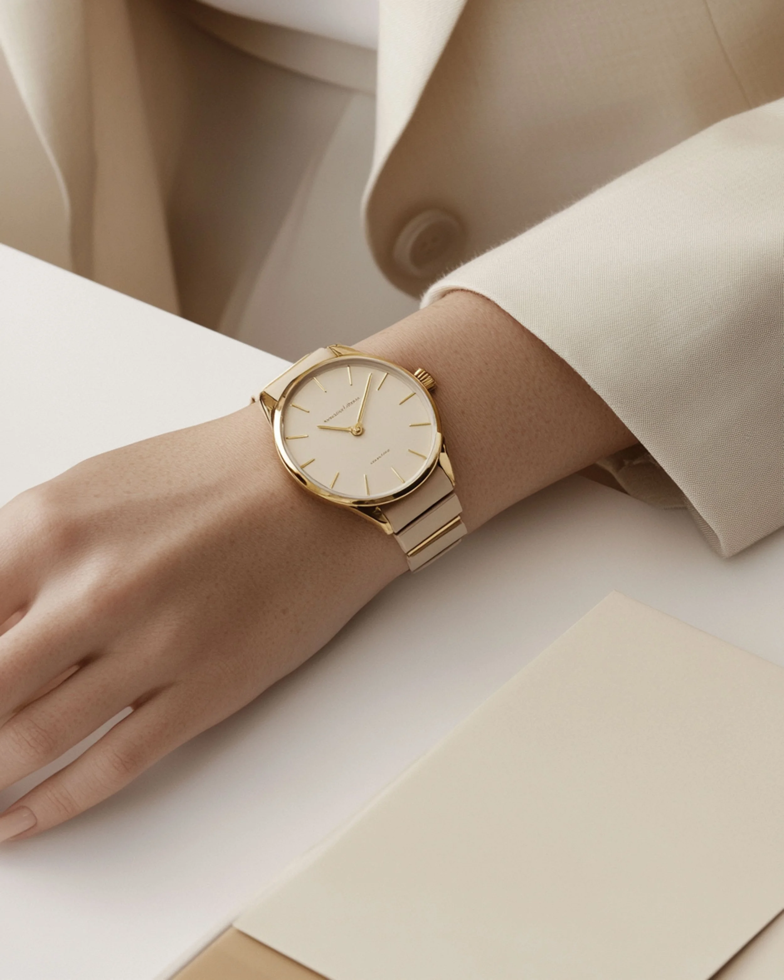Reloj de pulsera dorado con correa de metal, llevado en la muñeca de una persona con prendas claras, sobre una superficie blanca.