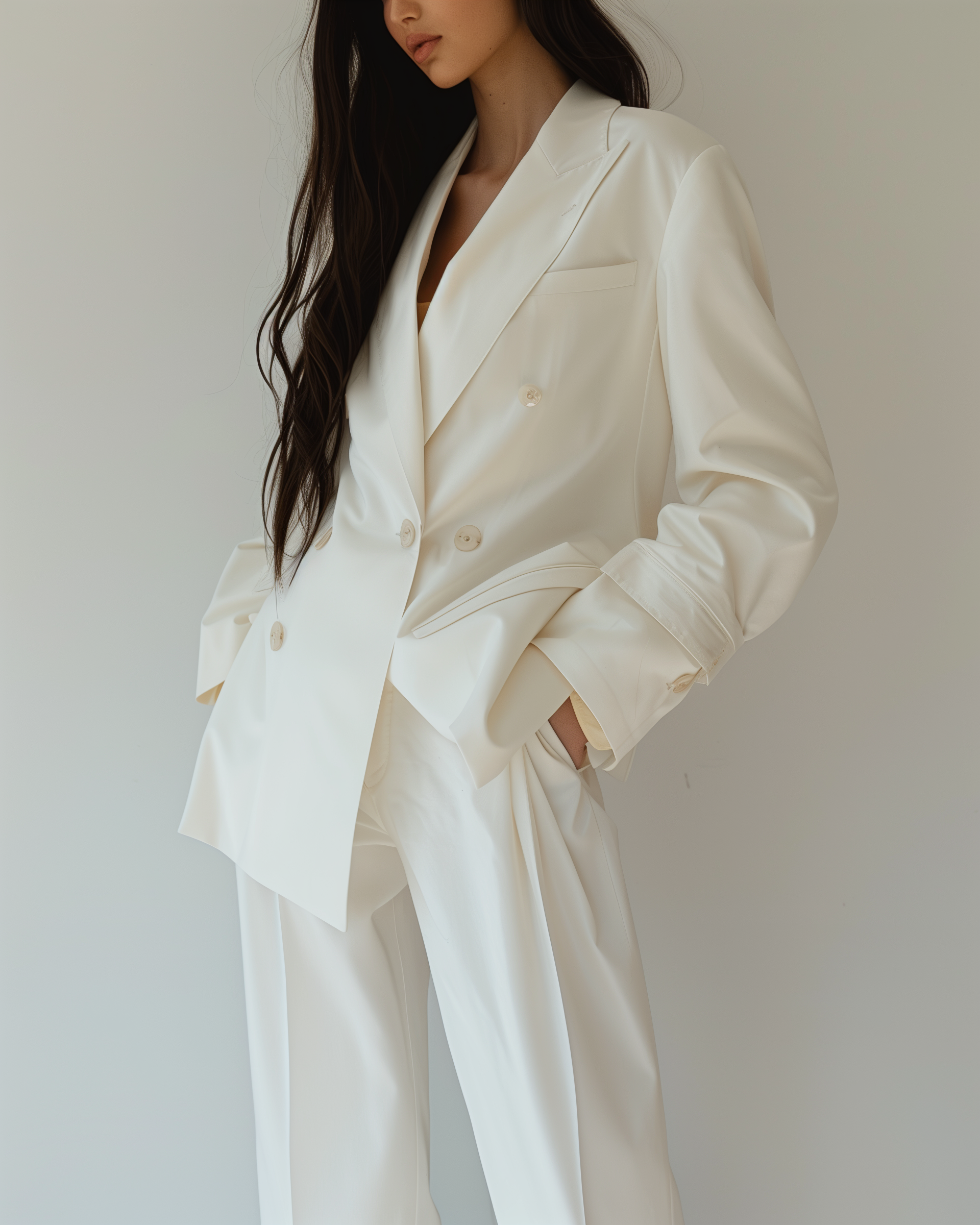 Mujer con cabello largo y oscuro, usando un conjunto de traje blanco con blusa y pantalones, con una mano en los bolsillos. Fondo neutro.