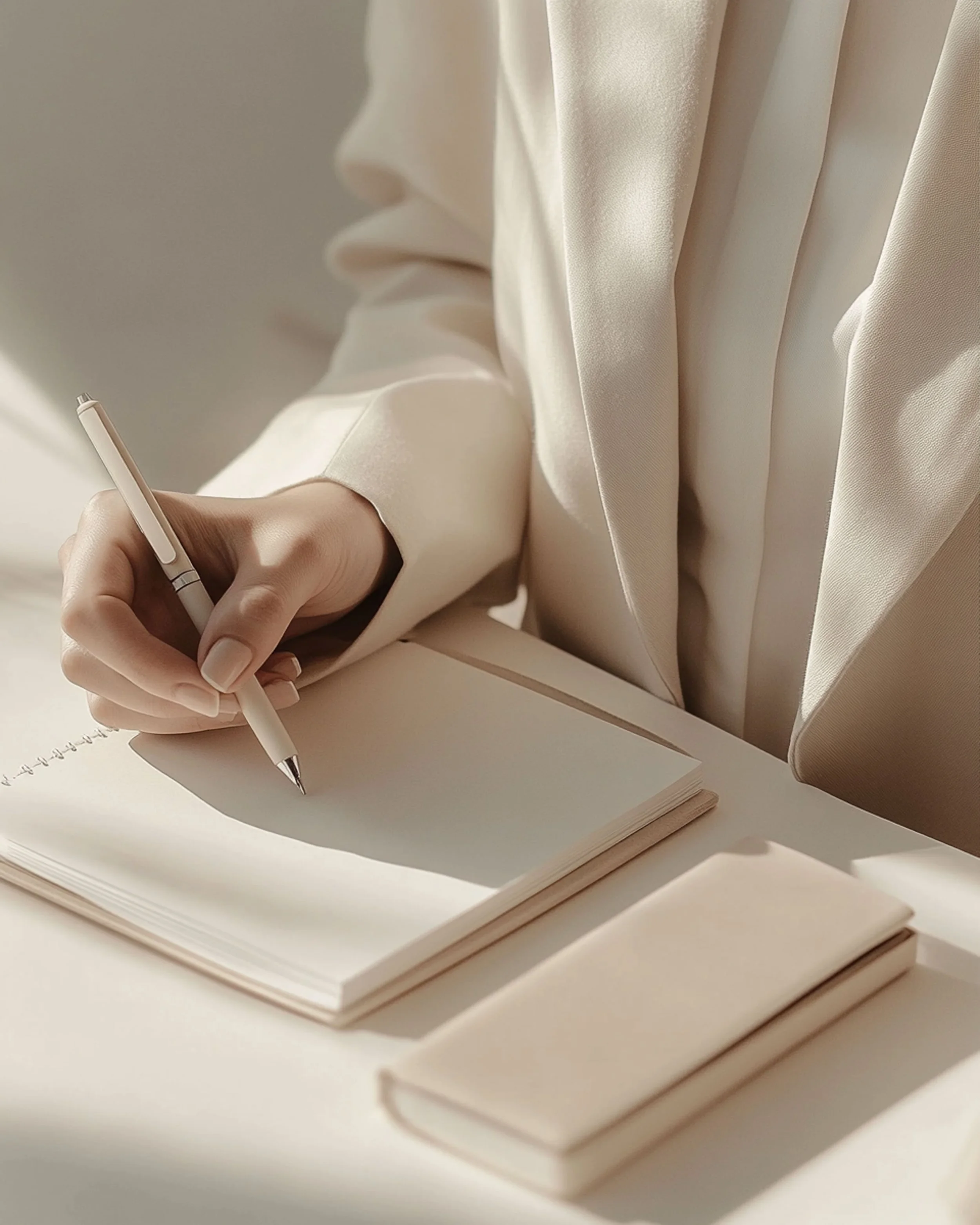 Persona escribiendo en un cuaderno con pluma, ropa elegante de color claro, libros y papeles en la mesa.