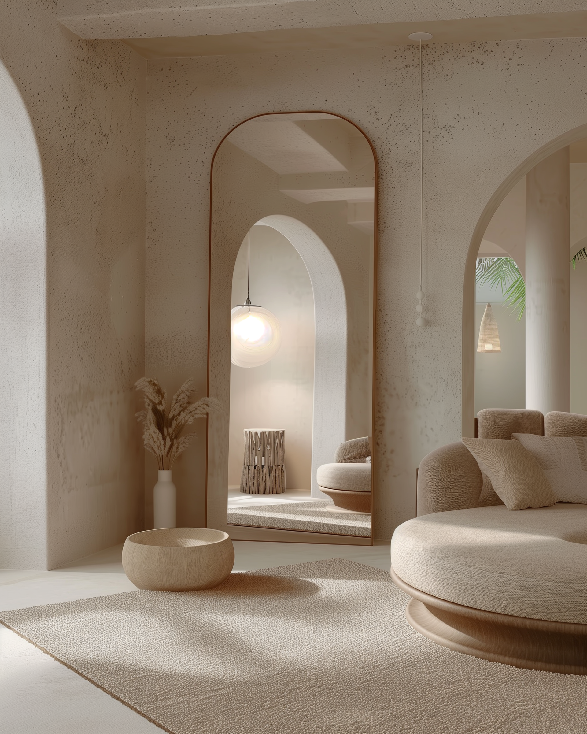 Interior moderno en tonos beige con muebles de diseño curvado y una alfombra de textura suave, en una sala luminosa con paredes y lámparas decorativas.
