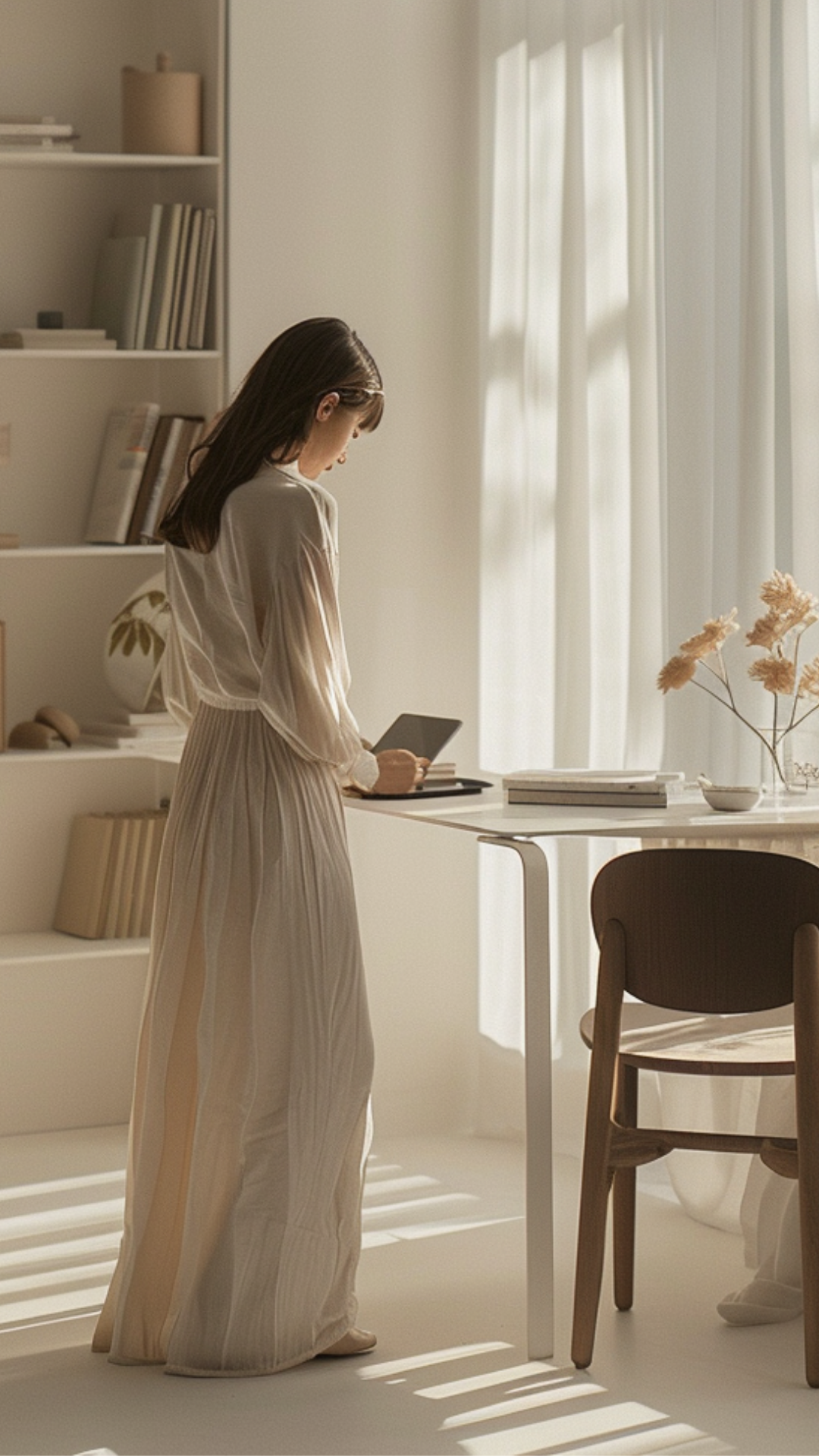 Mujer con vestido largo de color claro leyendo en una mesa en una habitación luminosa con cortinas blancas y estantería con libros.