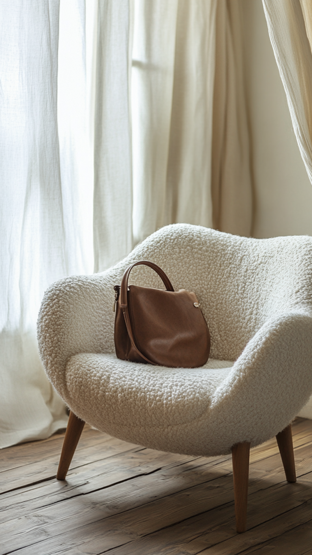 Sillón tapizado de tela beige con una bolsa de cuero marrón sobre él, frente a cortinas blancas en una habitación con suelo de madera.