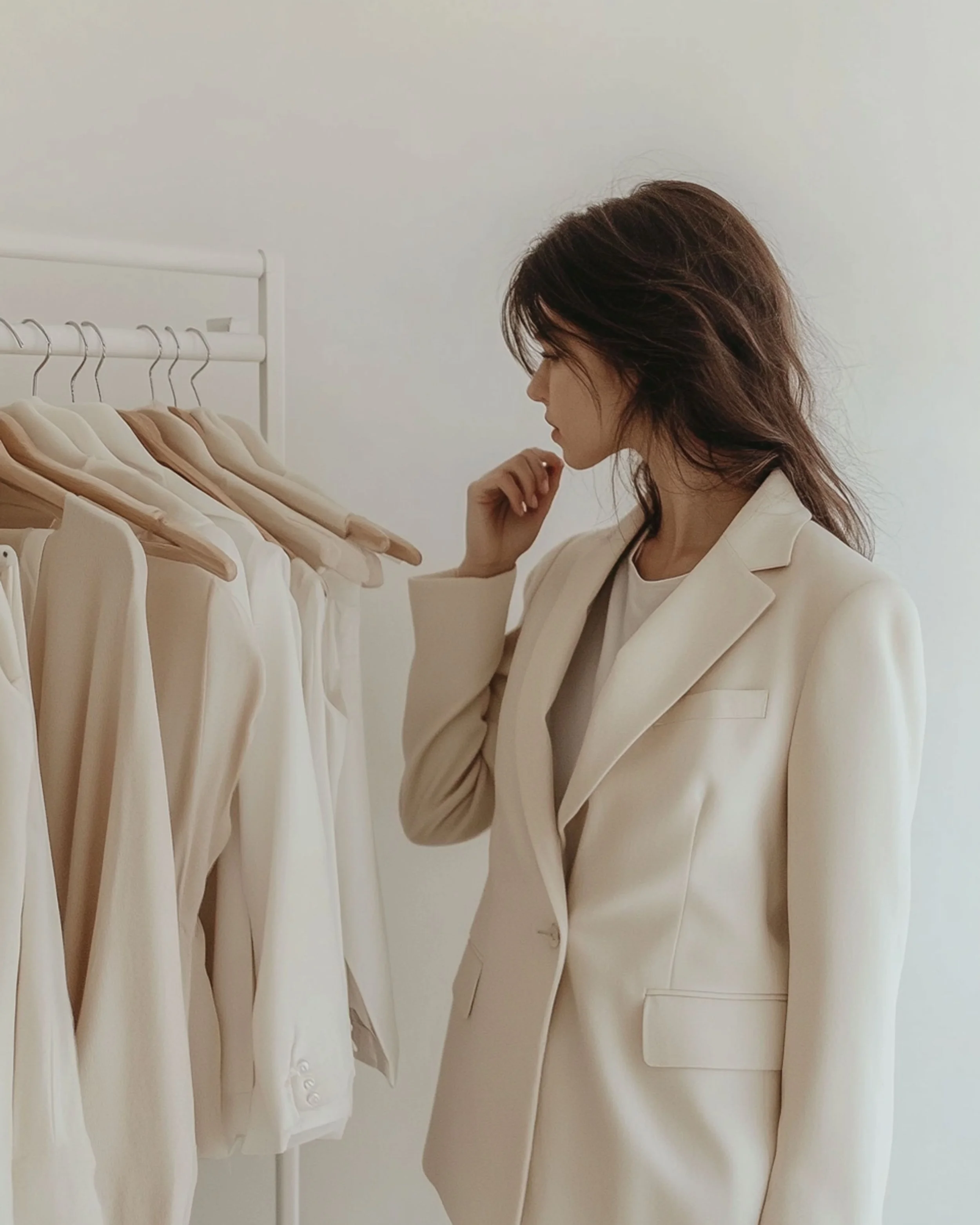 Mujer con blazer color crema mirando ropa blanca en percha en fondo blanco.