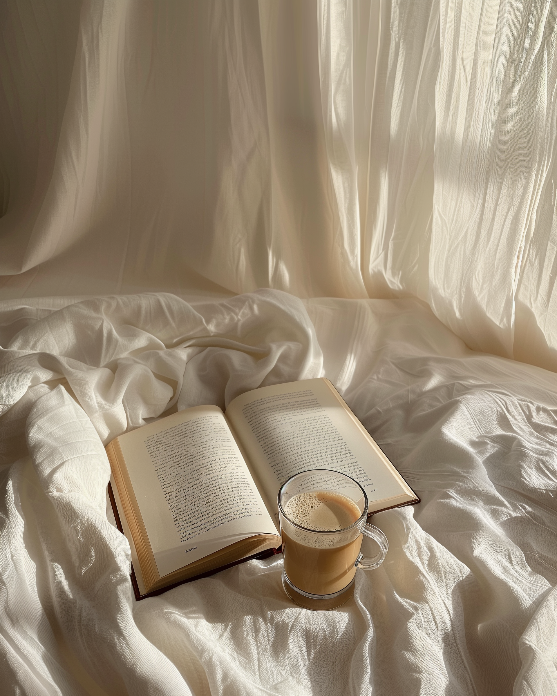 Un libro abierto y una taza de café con leche en una cama con sábanas blancas, junto a cortinas blancas que dejan entrar luz natural.