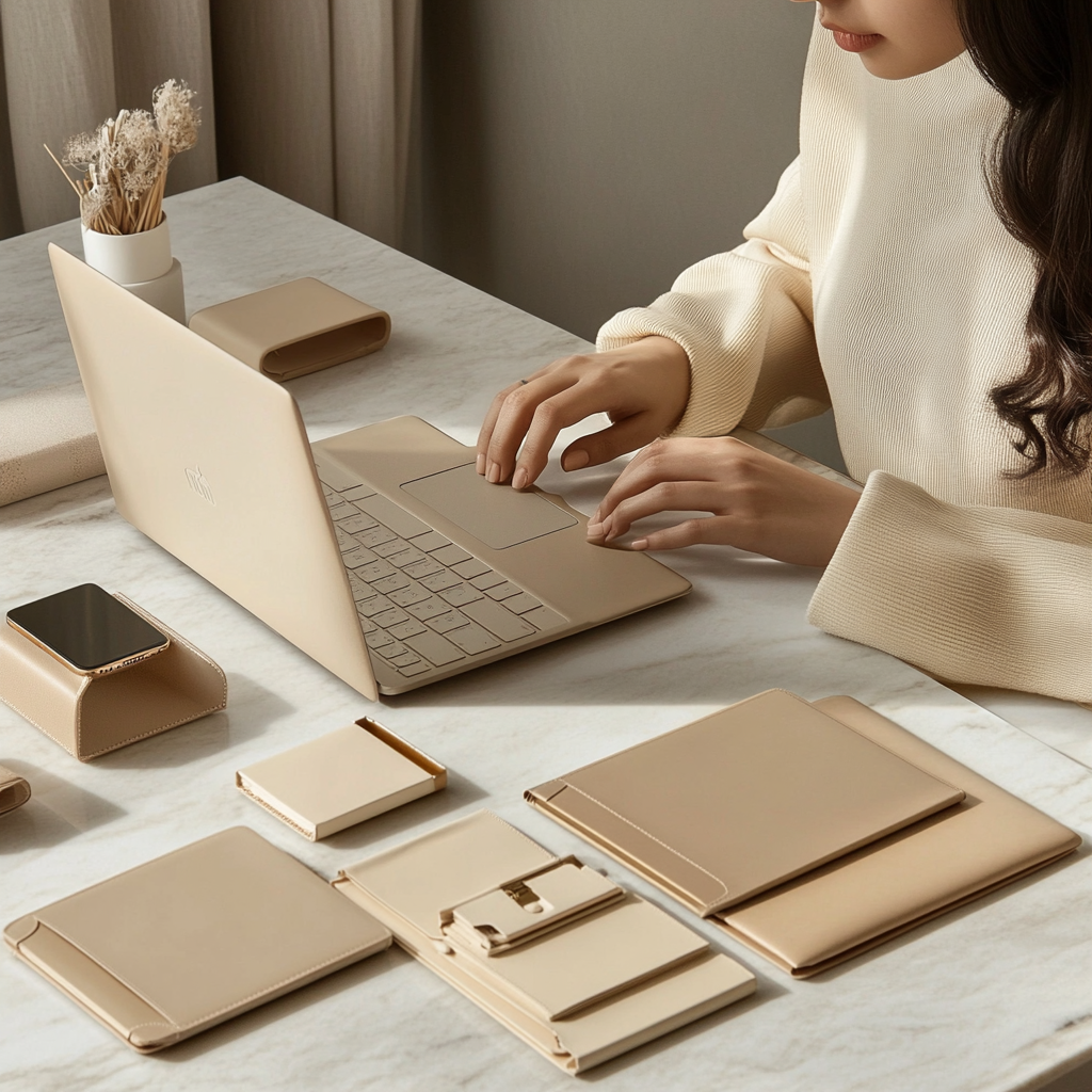 Mesa blanca con una portátil color beige, teléfono móvil, cuadernos, folder, y objetos decorativos, con una mujer trabajando.
