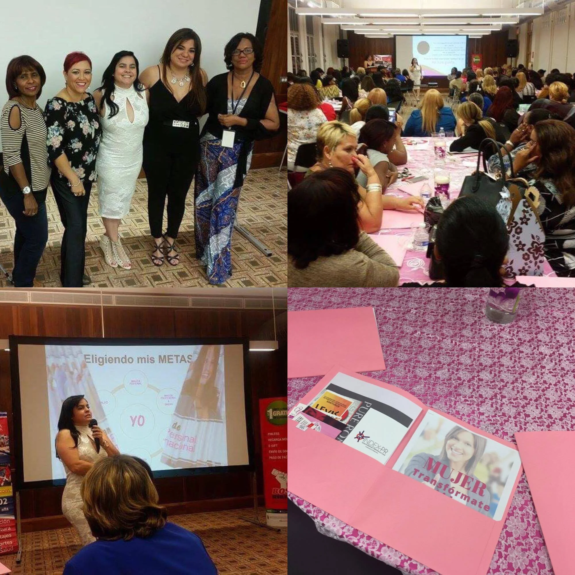 Cuatro imágenes de un evento. Primera imagen: grupo de cinco mujeres posando en un salón. Segunda imagen: audiencia femenina atendiendo en un evento con presentadora en escenario. Tercera imagen: mujer dando una charla con proyector que dice 'Eligien