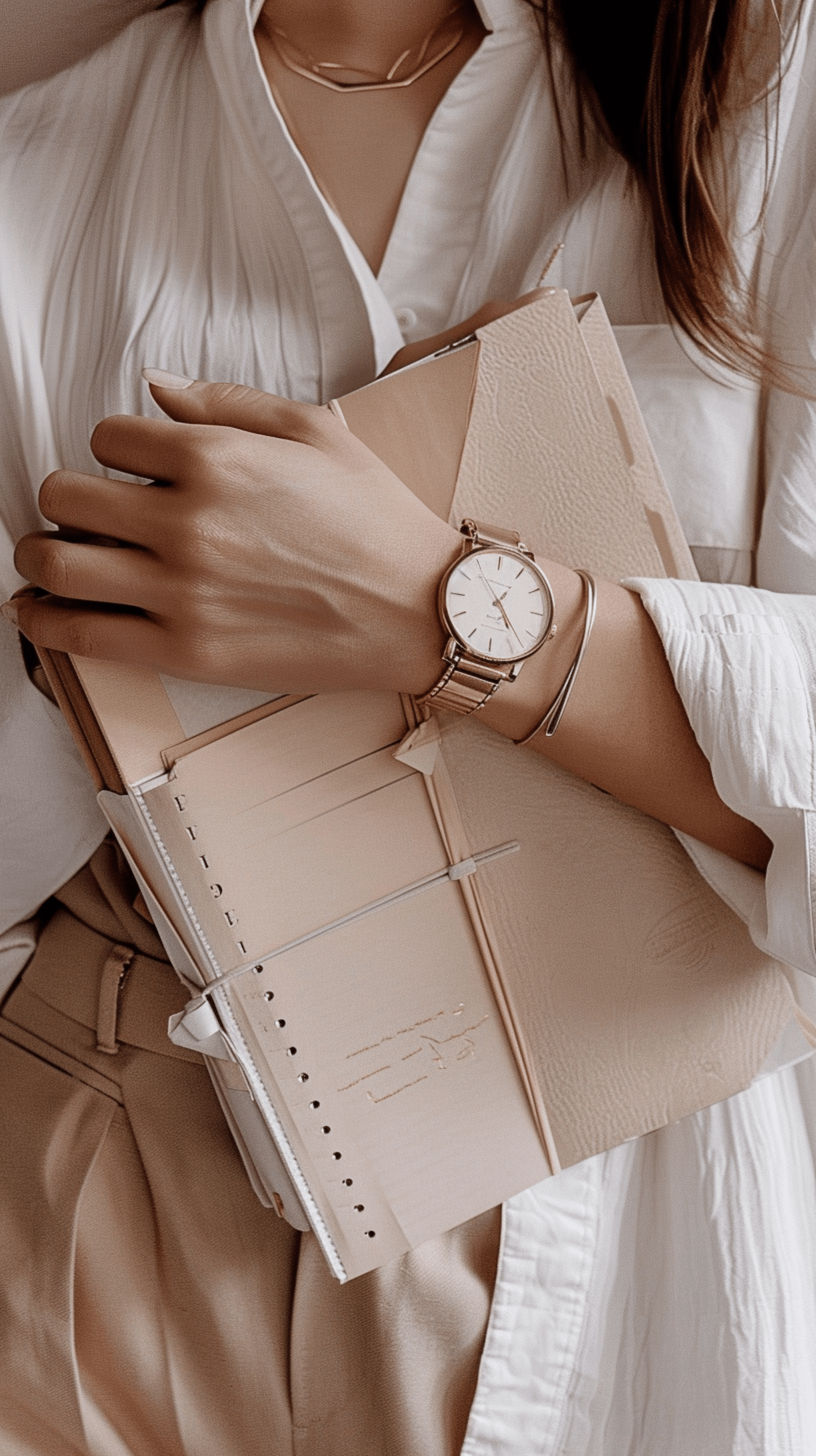 Mano con reloj de pulsera descansada sobre un cuaderno y varias carpetas en tonos pastel.