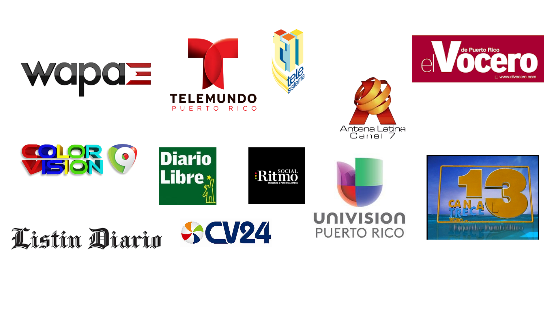Logotipos de varias emisoras de radio y televisión en Puerto Rico, incluyendo WAPA, Telemundo, Tele Sistema, El Vocero, Antena Latina, Canal 7, Color Visión, Diario Libre, Ritmo Social, Univisión Puerto Rico, CV24, y Canal 13.
