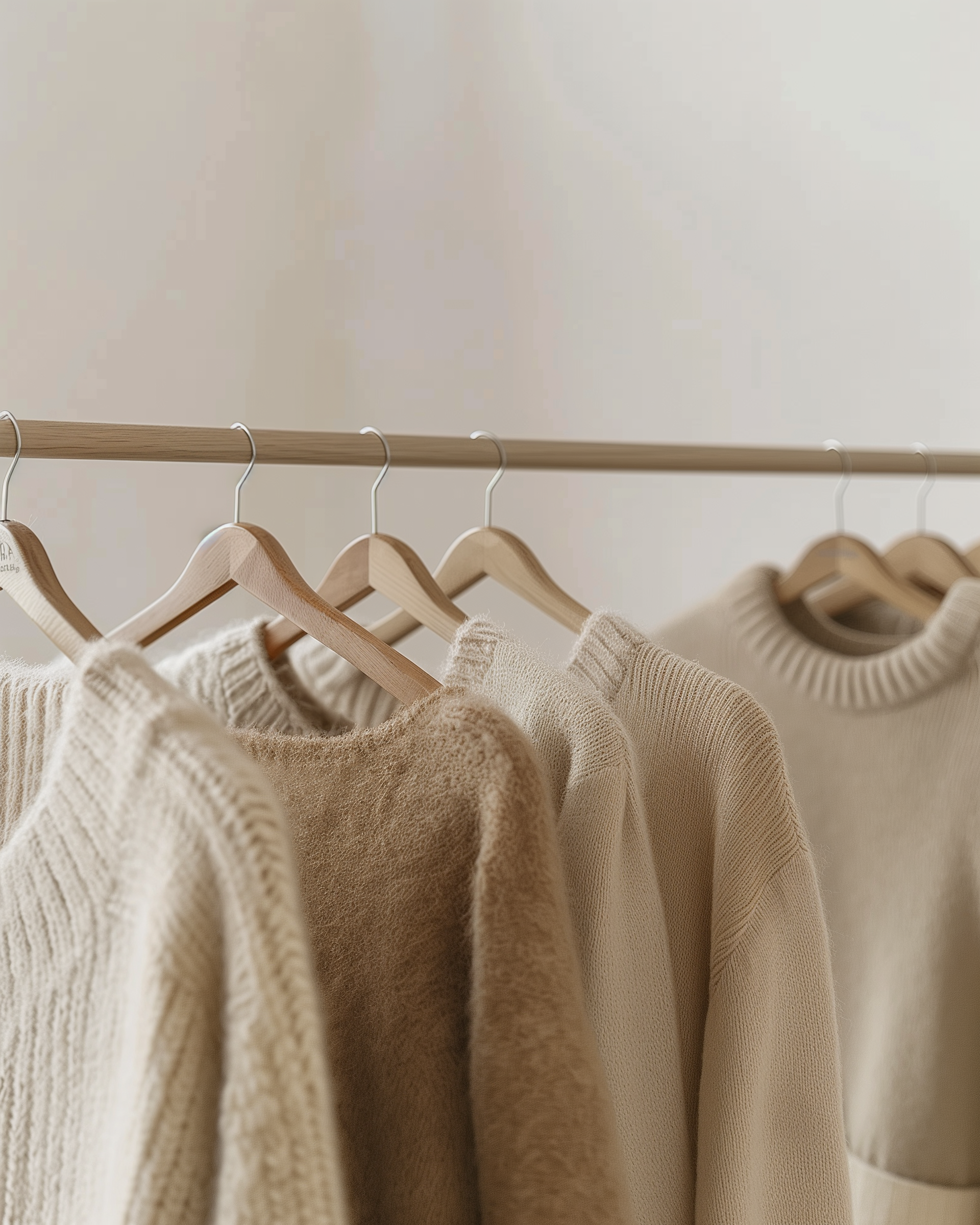 Ropa de color beige y crema colgada en perchas en una barra de ropa