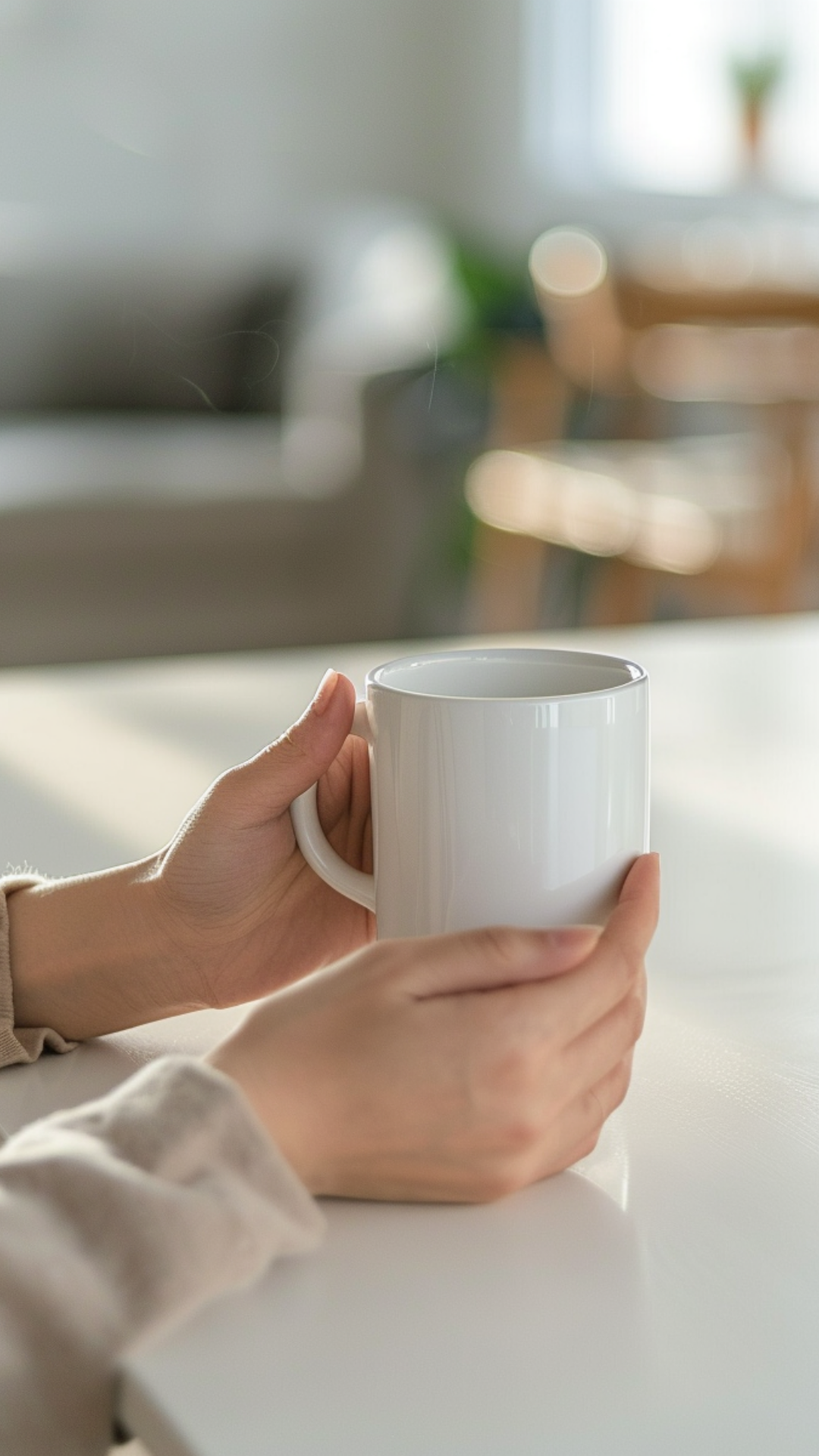 Personas sosteniendo una taza blanca en un fondo difuso y brillante.