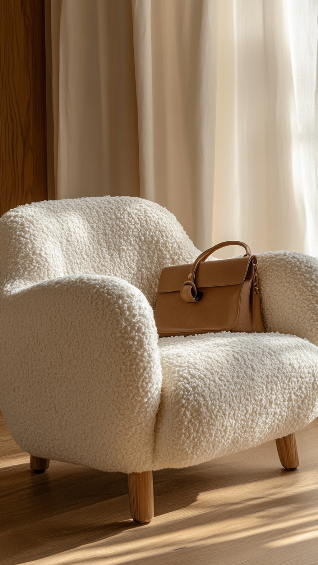 Una silla acolchada de color blanco con una bolsa color marrón encima, al lado de cortinas beige y una pared de madera.