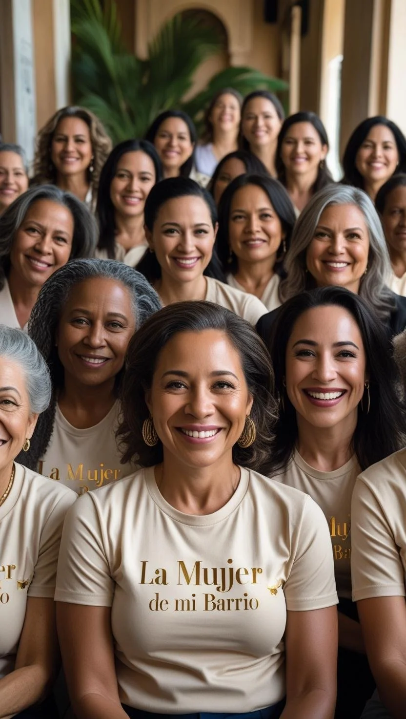Grupo de mujeres de diversas edades y etnias sonriendo, usando camisetas con el texto "La Mujer de mi Barrio" en un entorno interior con plantas decorativas.