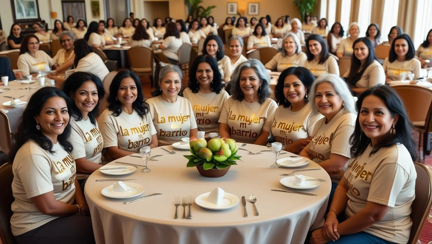 Un grupo de mujeres en una reunión, algunas llevando camisetas con la inscripción 'la mujer de mi barrio', sentadas alrededor de una mesa redonda con plato, cubiertos y un centro de frutas.