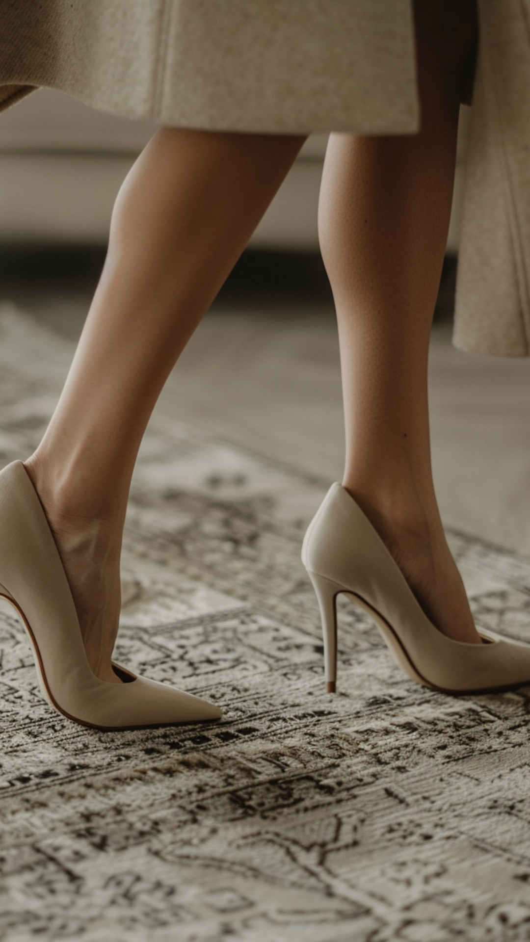 Piernas de mujer con medias y tacones blancos de punta en un tapete tradicional.