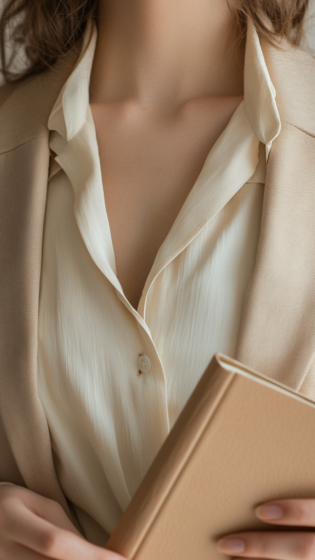 Mujer vestida con blusa beige y saco leyendo un libro.