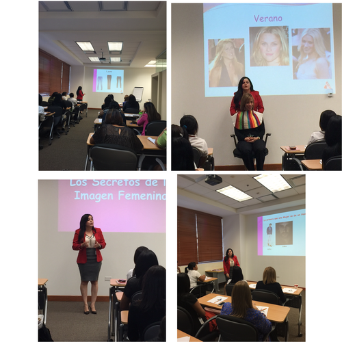 Cuatro fotos de una clase sobre imagen femenina, con una mujer enseñando diapositivas y hablando a estudiantes en un salón de clases.