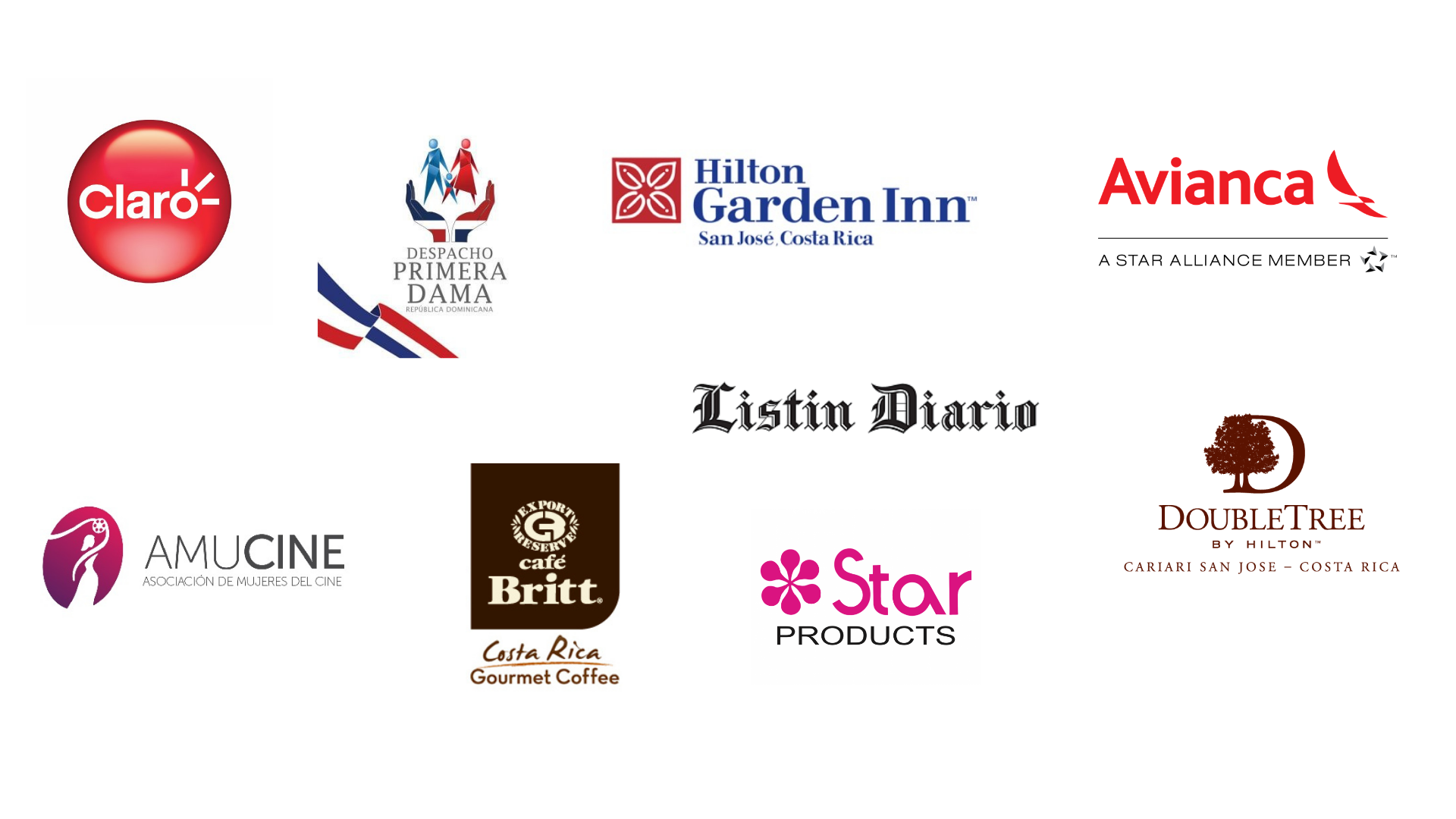 Logotipos de varias empresas y organizaciones, incluyendo Claro, despacho Primera Dama, Hilton Garden Inn Costa Rica, Avianca, Listín Diario, AMUCINE, Café Britt, Star Products, DoubleTree Hilton, y un logotipo con árbol y la letra D