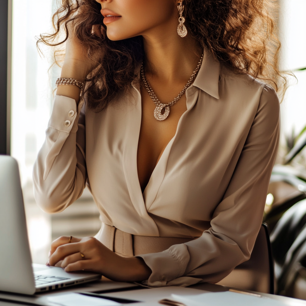 Mujer con cabello rizado y joyería elegante usando blusa de satén en un ambiente interior con luz natural.
