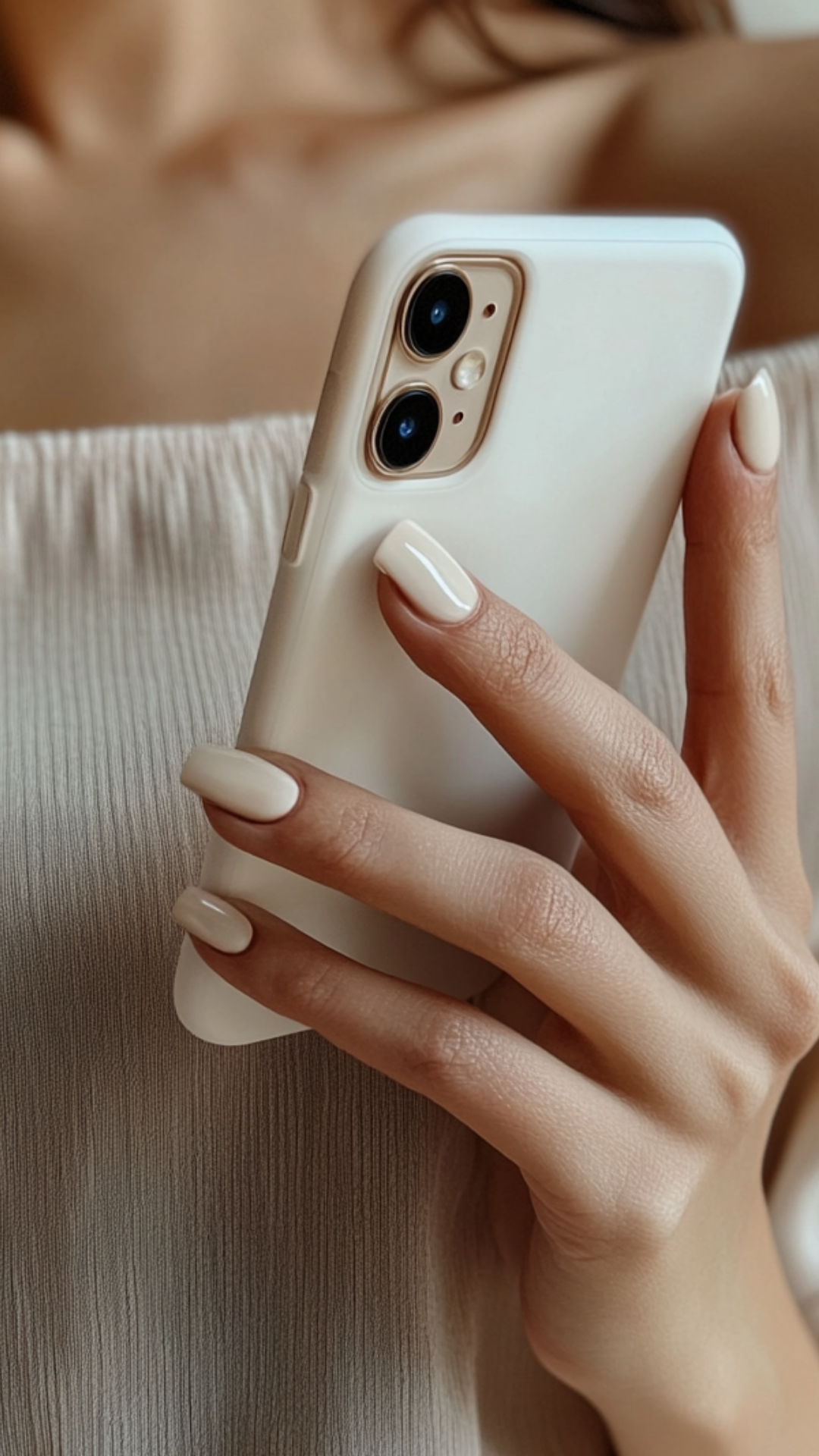 Mano sosteniendo un teléfono inteligente de color crema con funda, con uñas largas y pintadas de blanco. La persona lleva puesto un top de tirantes blanco. La vista muestra la parte trasera del teléfono, que tiene una doble cámara en la esquina superior izquierda.