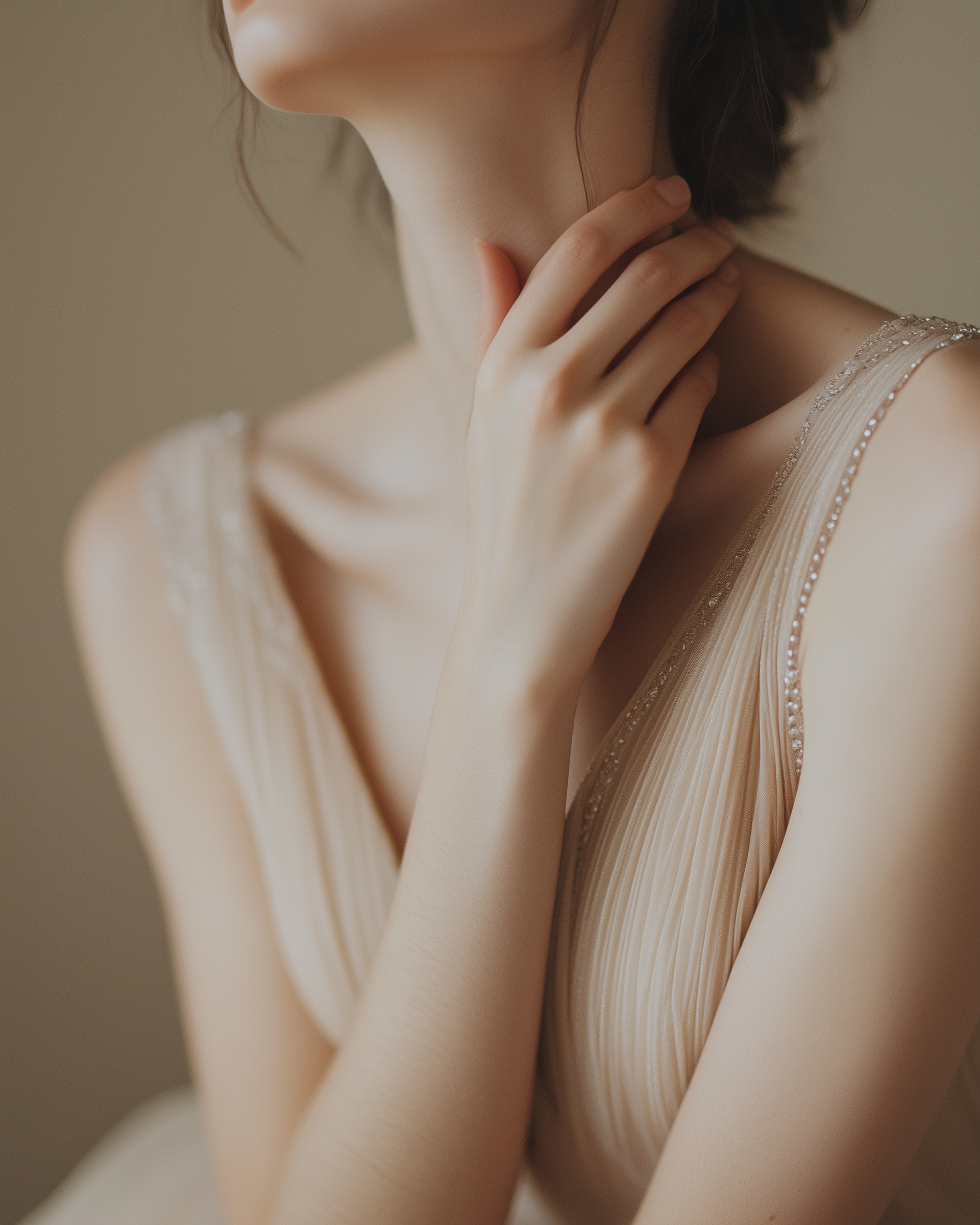 Una mujer con vestido de color beige con detalles de lentejuelas en los bordes, tocándose el cuello con la mano derecha, vista parcial de la cara y el cuerpo.