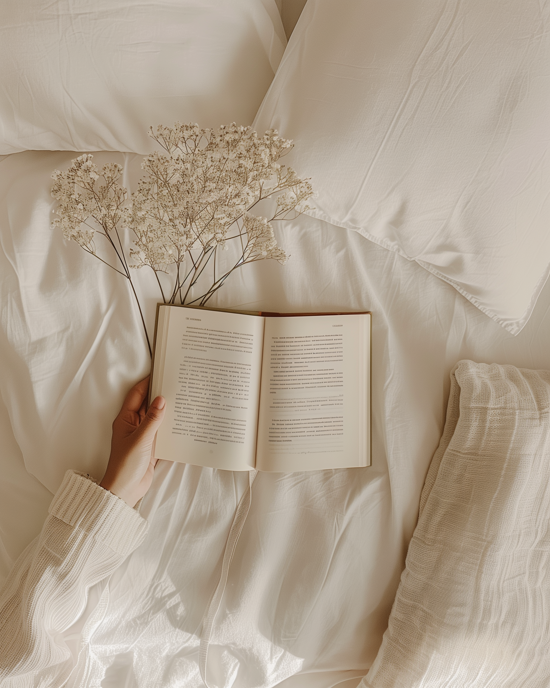 Libro abierto, mano sosteniéndolo, flores secas blancas y almohadas en una cama con sábanas blancas