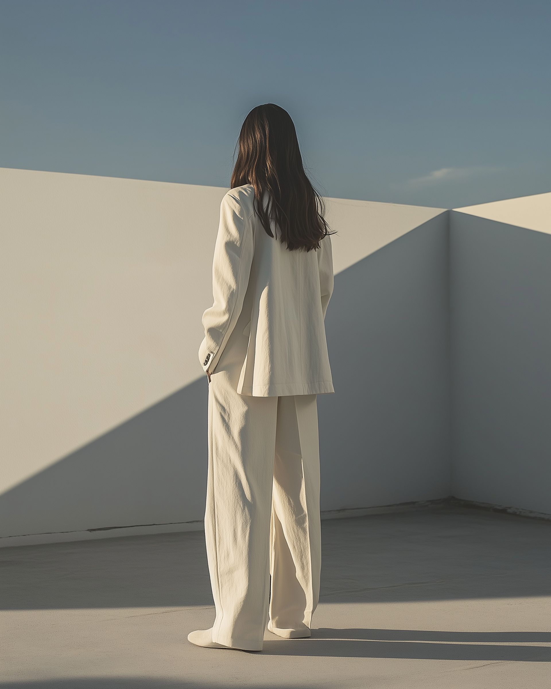 Mujer con ropa blanca de espaldas en un espacio exterior minimalista con paredes blancas y cielo azul.