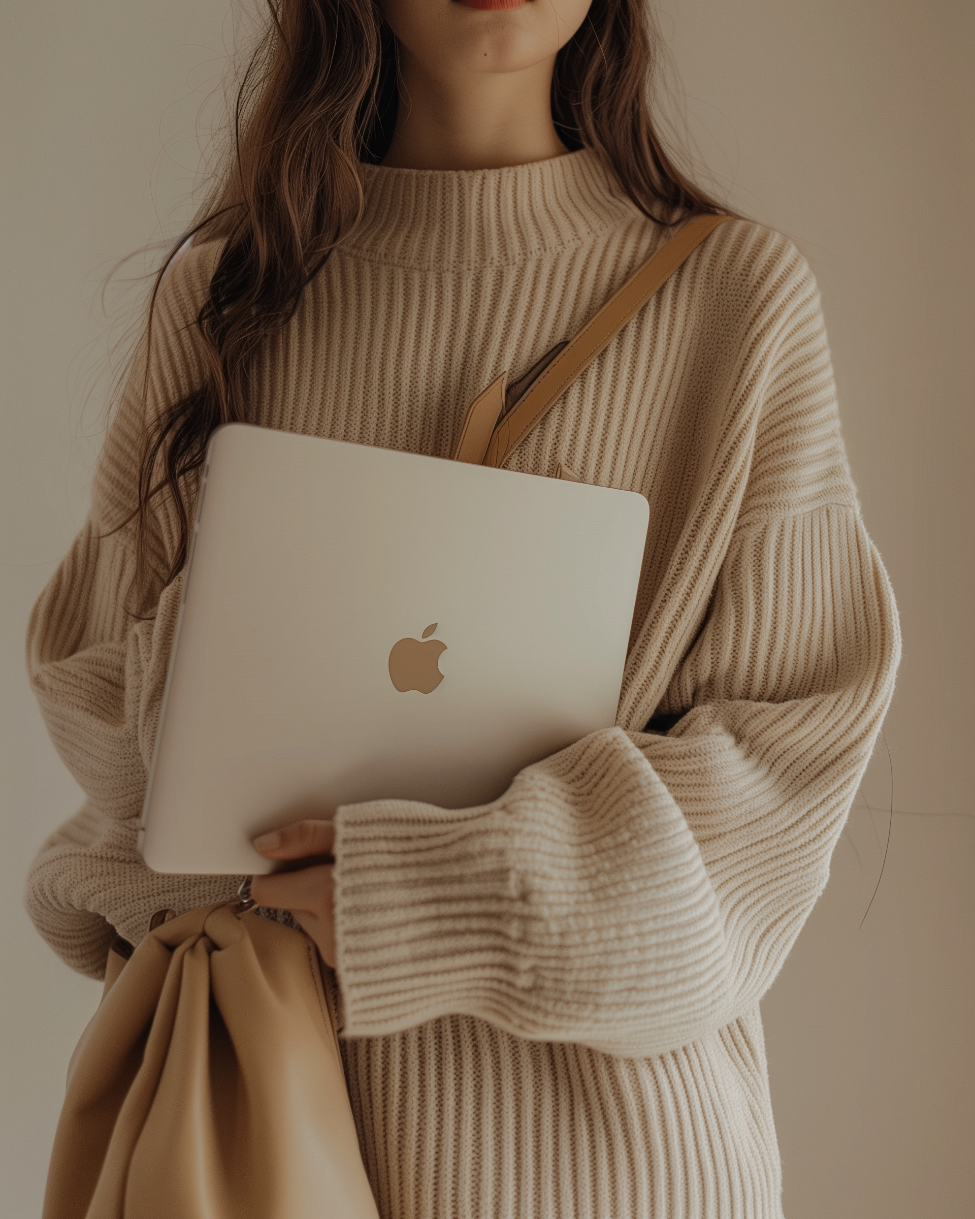 Mujer con suéter de punto beige y bolso llevando una laptop MacBook en tonos nude.