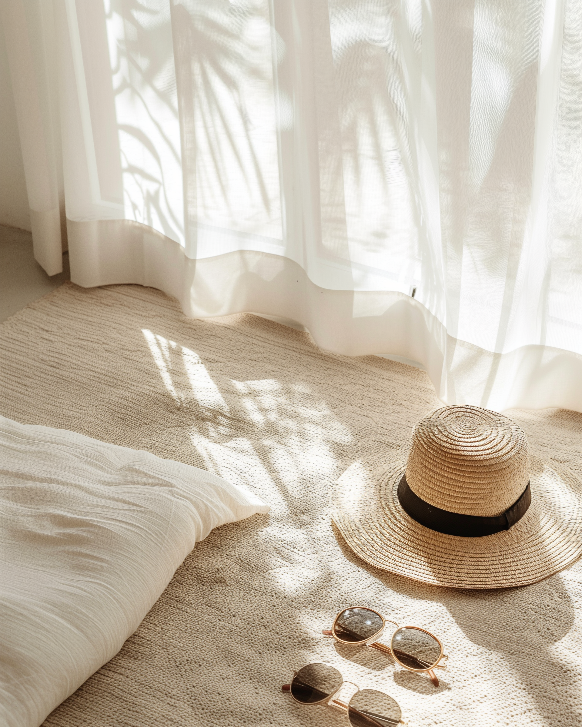 Un tapete beige suave con una almohada blanca, un sombrero de paja con banda negra y dos pares de gafas de sol con cristales oscuros, junto a una cortina translúcida que deja entrar luz natural a una habitación luminosa.