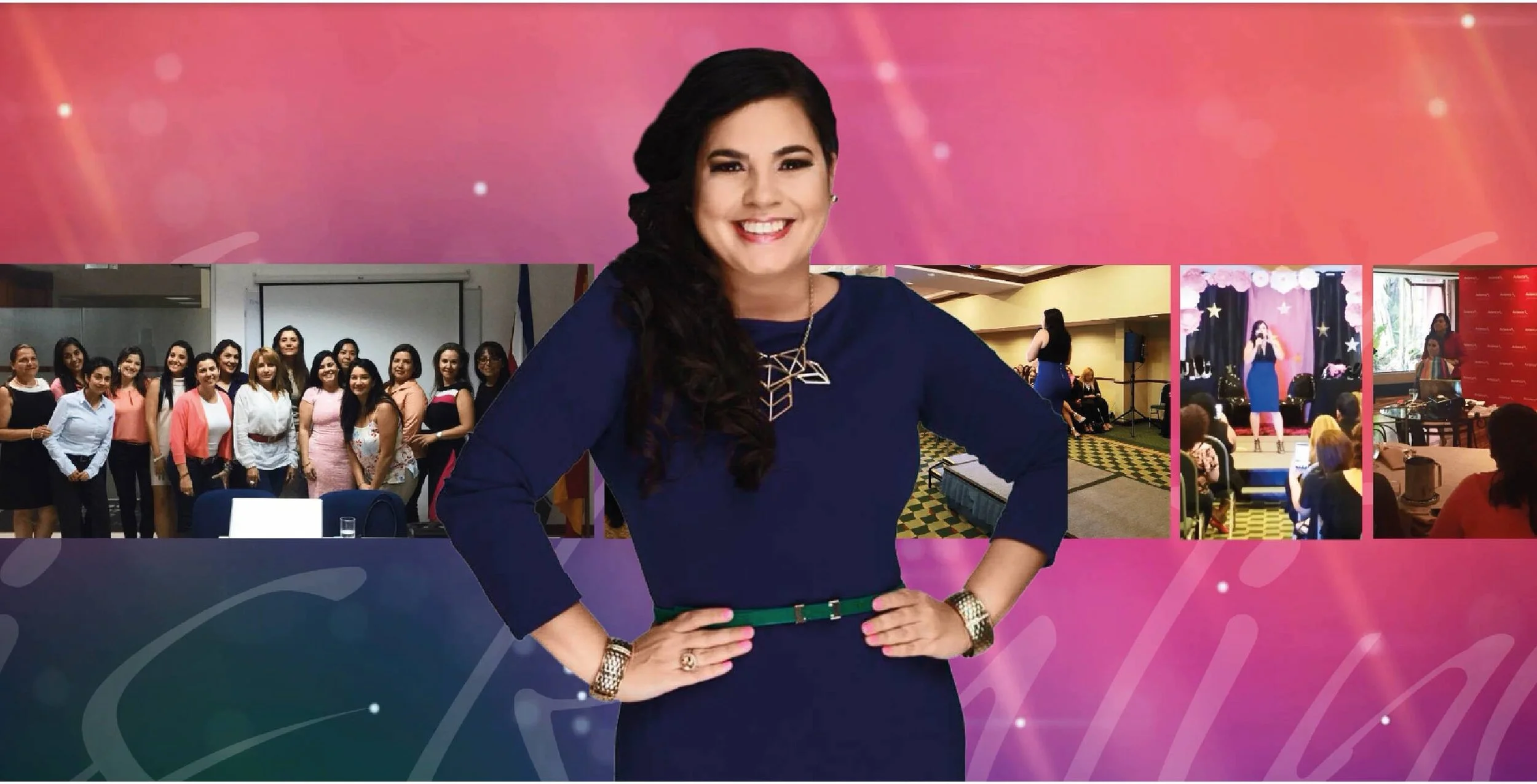 Mujer sonriendo en primer plano, con varias imágenes de reuniones y eventos en el fondo, en un escenario con fondo rosa y decoraciones coloridas.