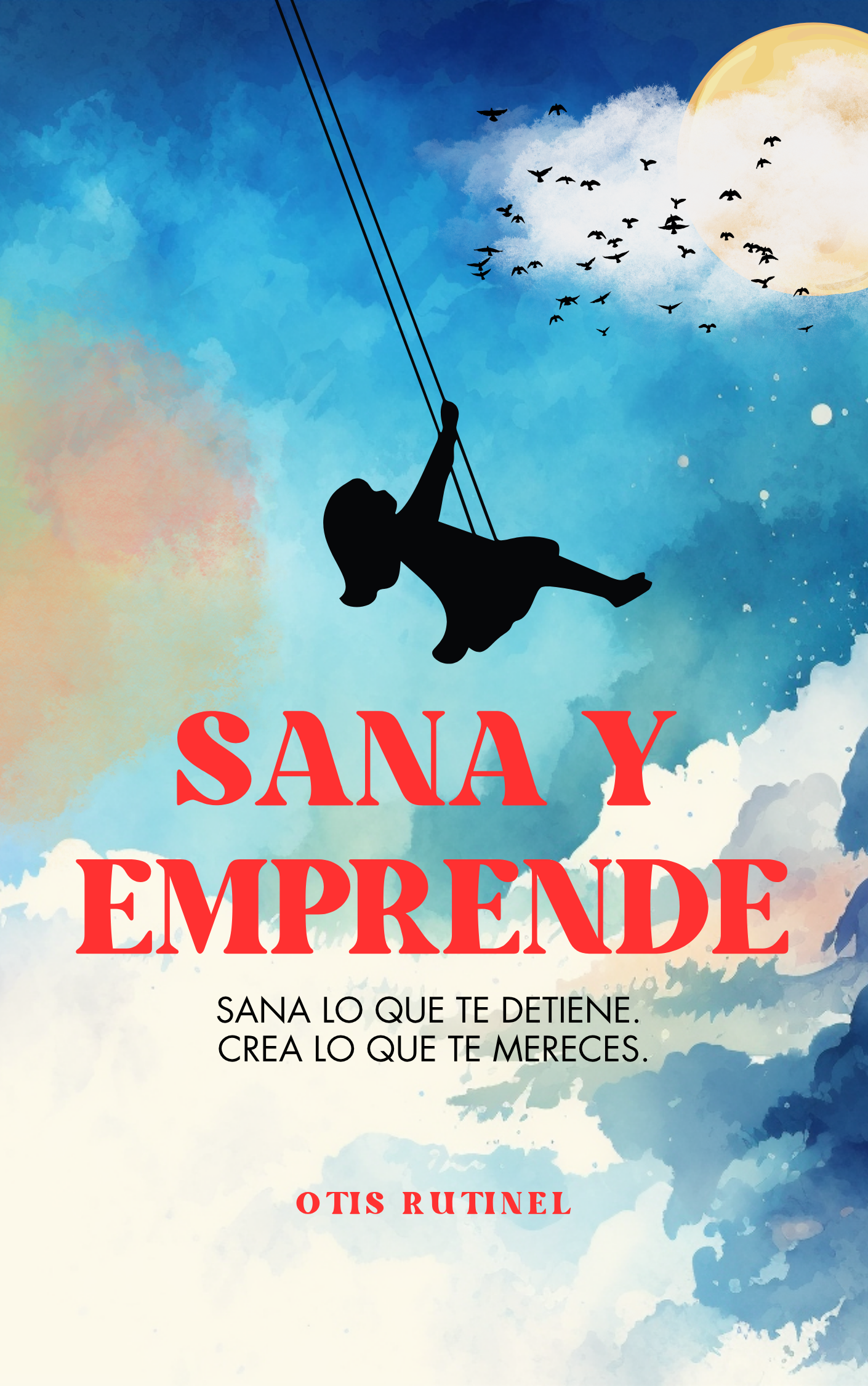 Ilustración de una niña en un columpio en el cielo con la luna y aves volando.