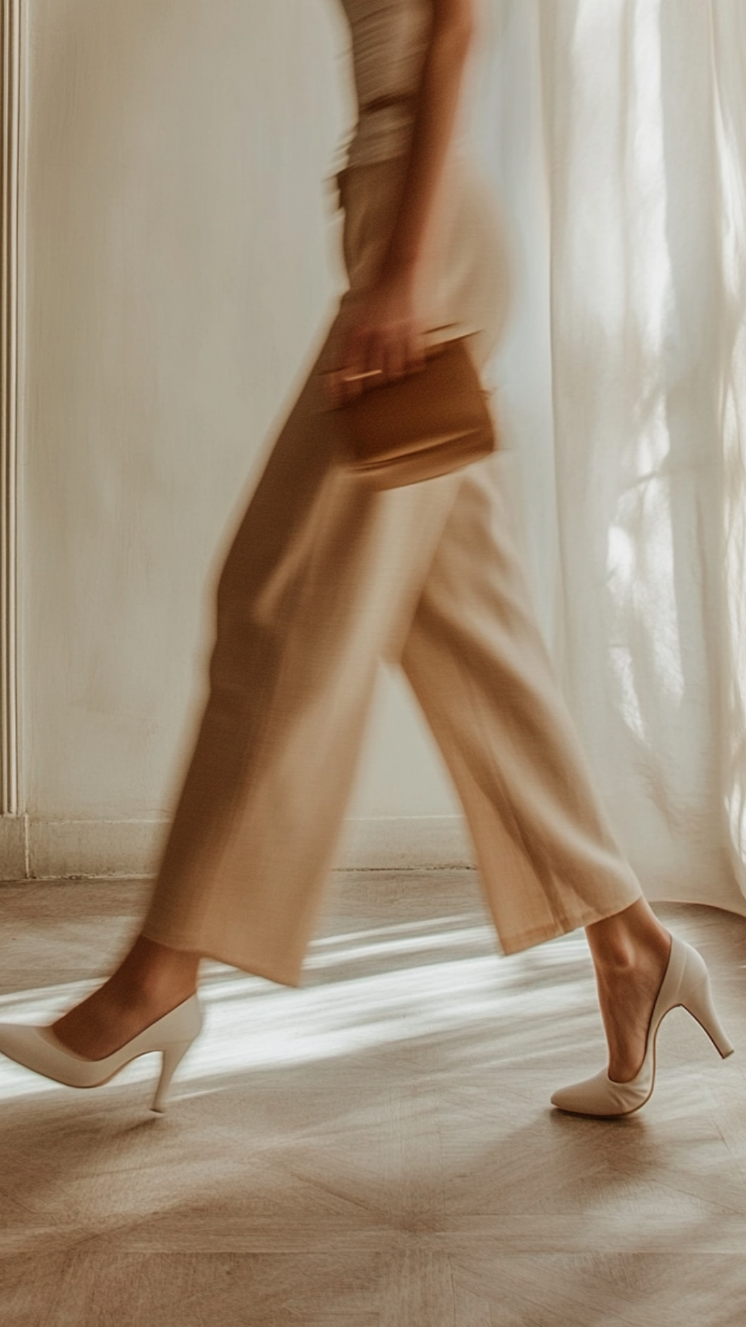 Persona caminando con tacones altos blancos, pantalones beige y blusa de manga larga con accesorios, en interior con cortinas blancas.