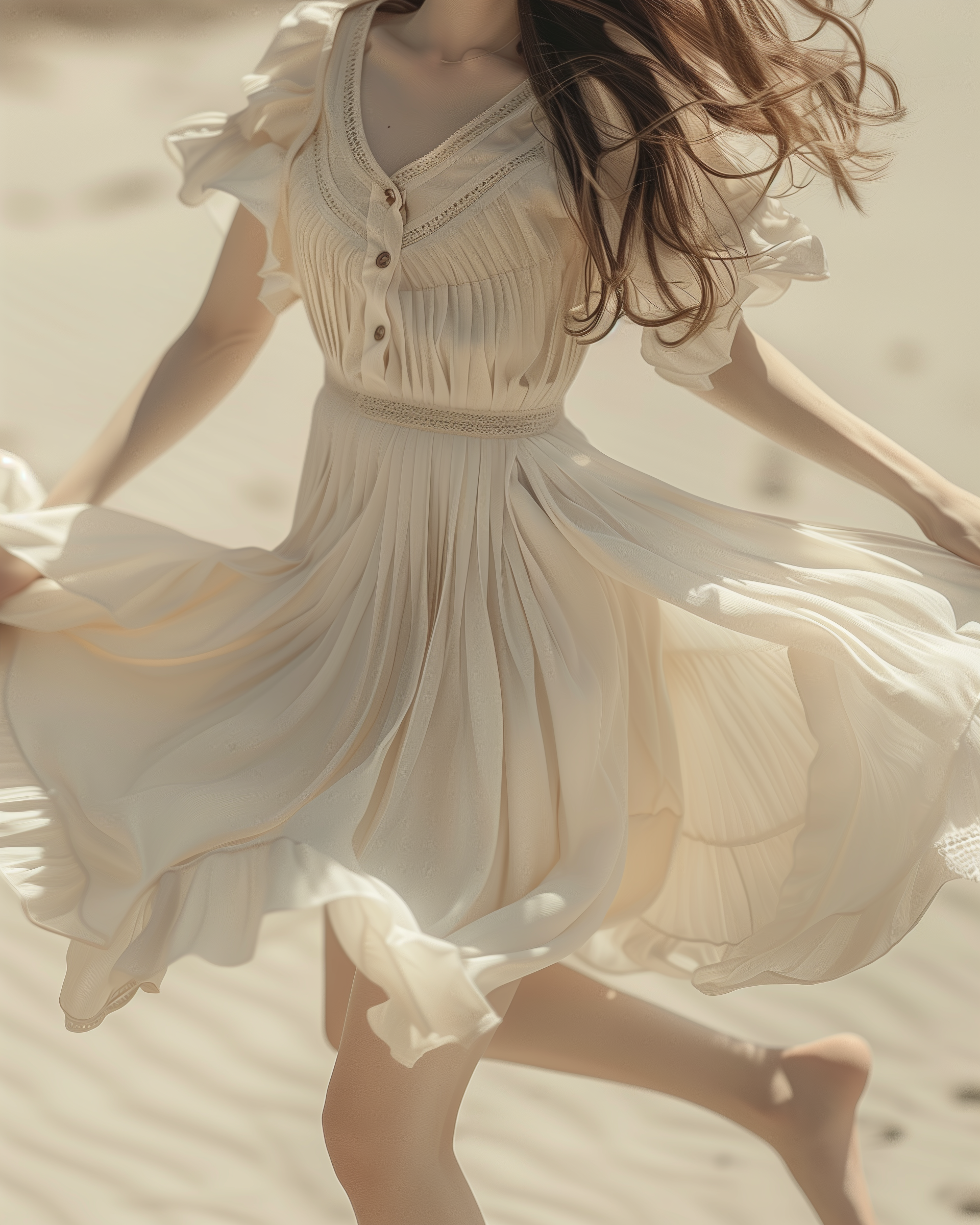 Mujer corriendo en la playa usando vestido de color crema con movimiento en la falda
