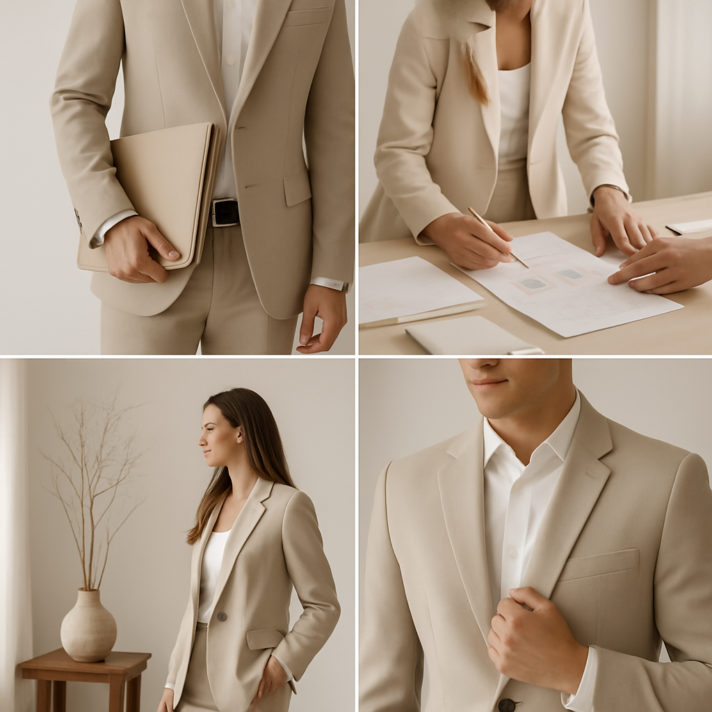 Personas con trajes beige en un entorno de oficina: una sostiene un portafolio, otra revisa documentos, una está de perfil junto a una mesa con un jarrón con ramas secas, y un hombre ajusta su chaqueta.