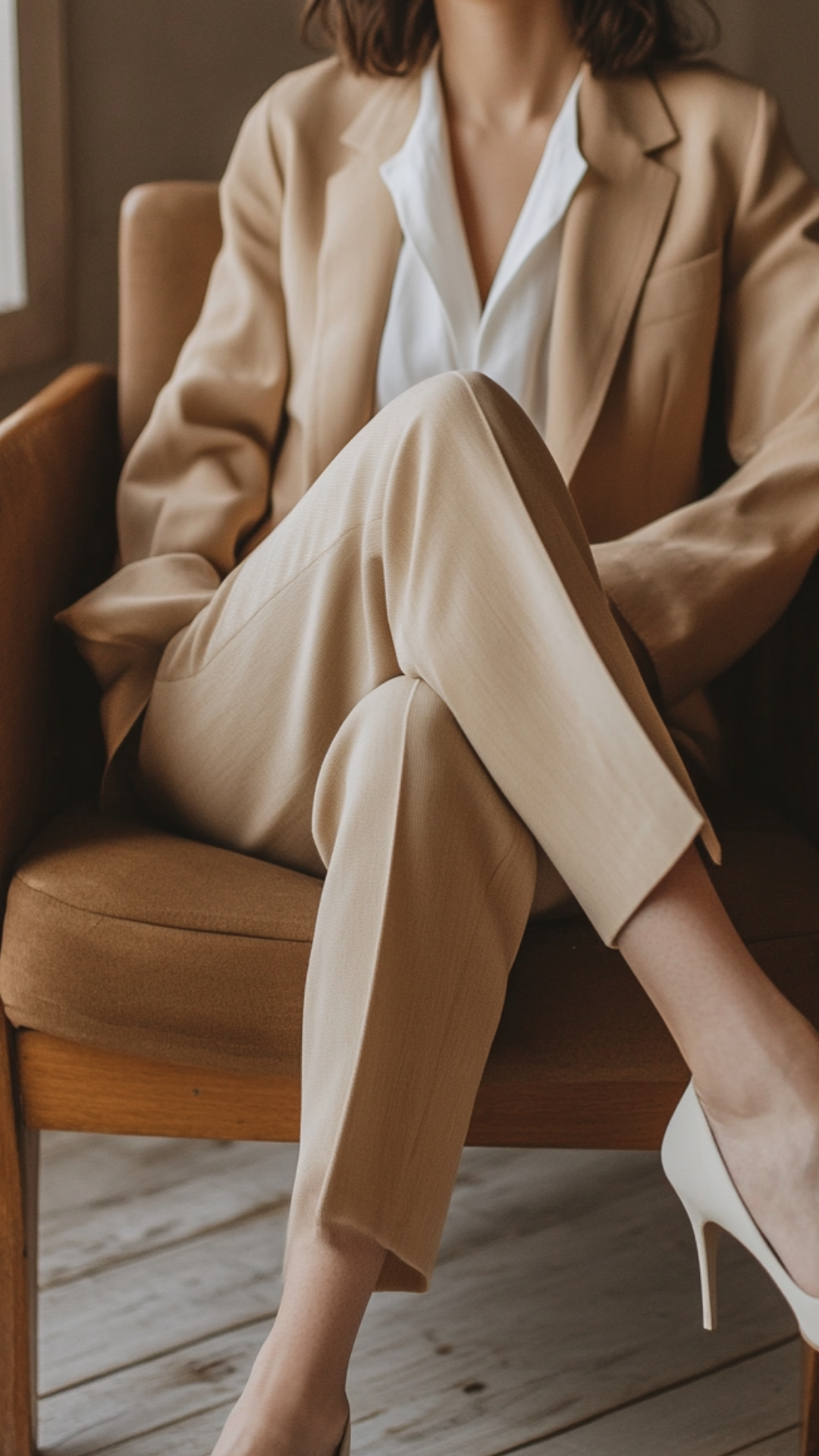 Mujer con traje beige y blusa blanca sentada en un sillón de madera, con una pierna cruzada y usando tacones blancos.