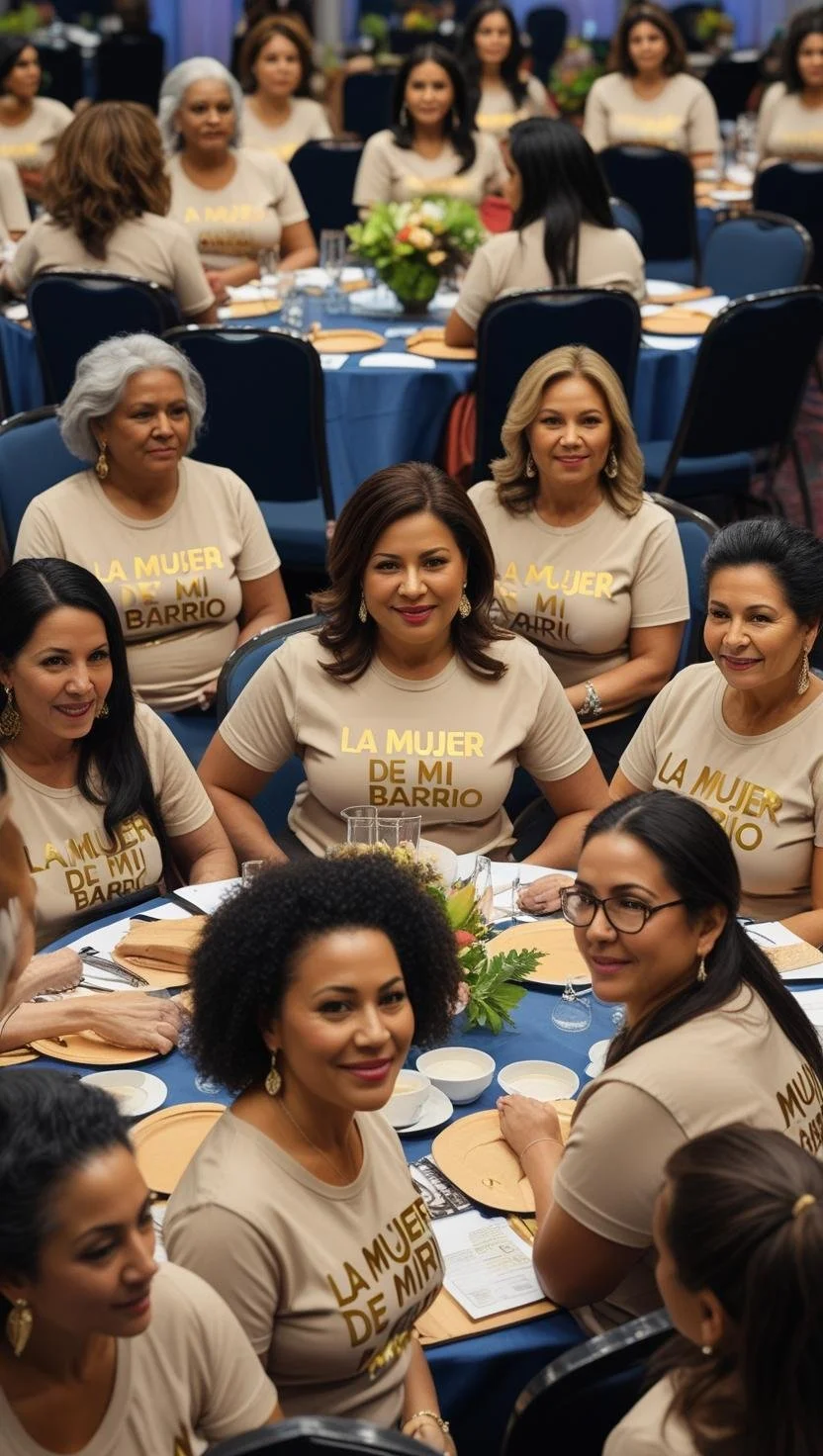 Grupo de mujeres sentadas alrededor de una mesa redonda en un evento, algunas llevan camisetas beige con la inscripción 'La mujer de mi barrio'.