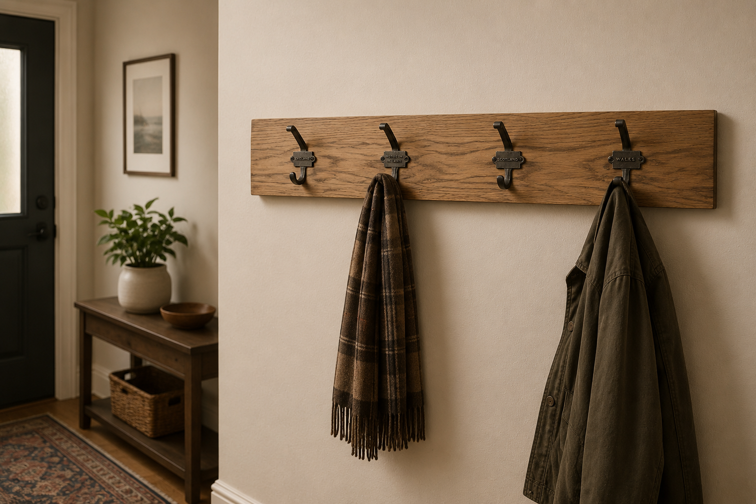 A wooden coat rack with four hooks mounted on a beige wall. Two hooks hold a brown checked scarf and a green jacket. The hooks are labeled with names: Scotland, Wales, and others. In the background, there is a wooden console table with a potted plant