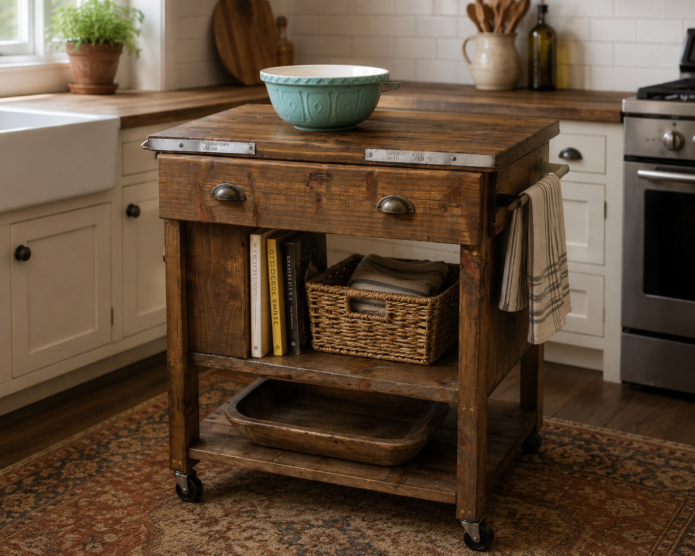 A rustic wooden kitchen island with a drawer and open shelf, on wheels, with a ceramic bowl on top, open shelving containing books and a woven basket, in a cozy kitchen with white cabinets and stainless steel appliances.