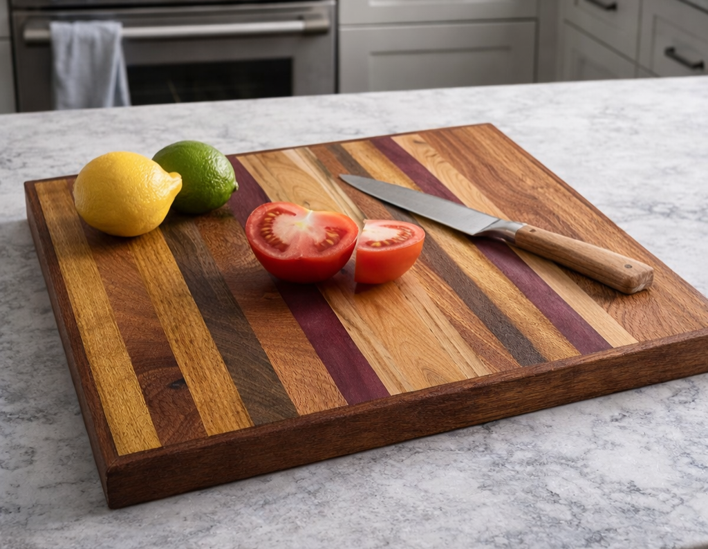 A wooden cutting board with a lemon, lime, and a sliced tomato on a kitchen countertop with cabinets in the background.