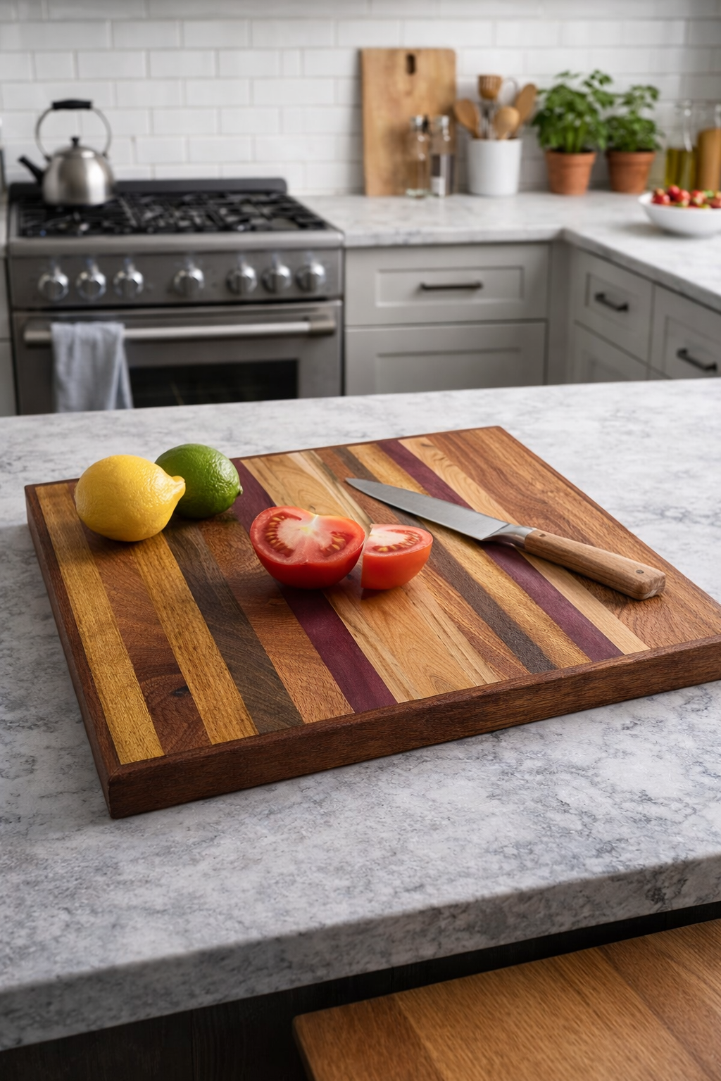 A wooden cutting board with a lemon, lime, and sliced tomato, along with a knife, on a marble countertop in a modern kitchen.