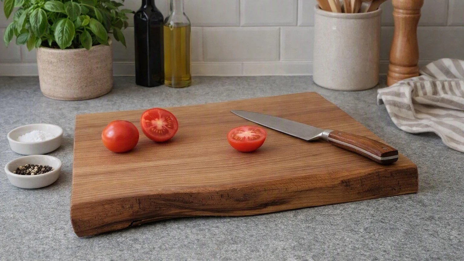 A kitchen countertop with a wooden cutting board, a kitchen knife, and sliced tomatoes. There are two small bowls with salt and peppercorns nearby. In the background, there are potted herbs, bottles of olive oil and vinegar, and kitchen utensils in containers.