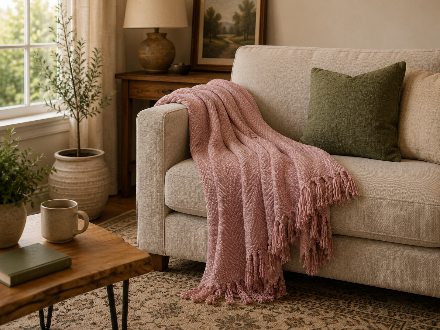 Recycled woven cotton throw Pink