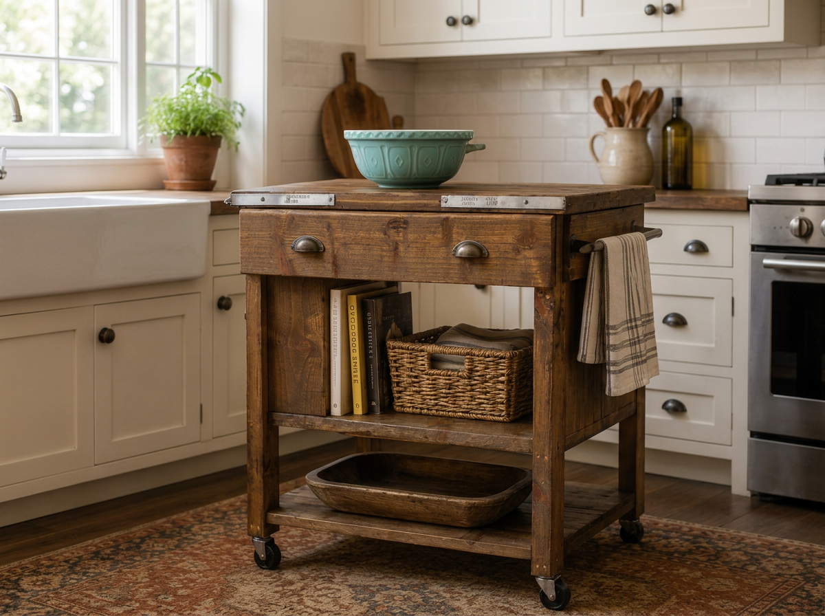 A rustic kitchen island with wheels, made of wood, with a teal bowl on top, set in front of a white kitchen countertop and cabinets. The island has books, a woven basket, and a wooden tray on its shelves.