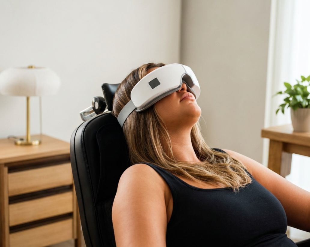 A woman relaxing in a chair with a virtual reality headset on in a cozy home environment, with a side table and a plant in the background.