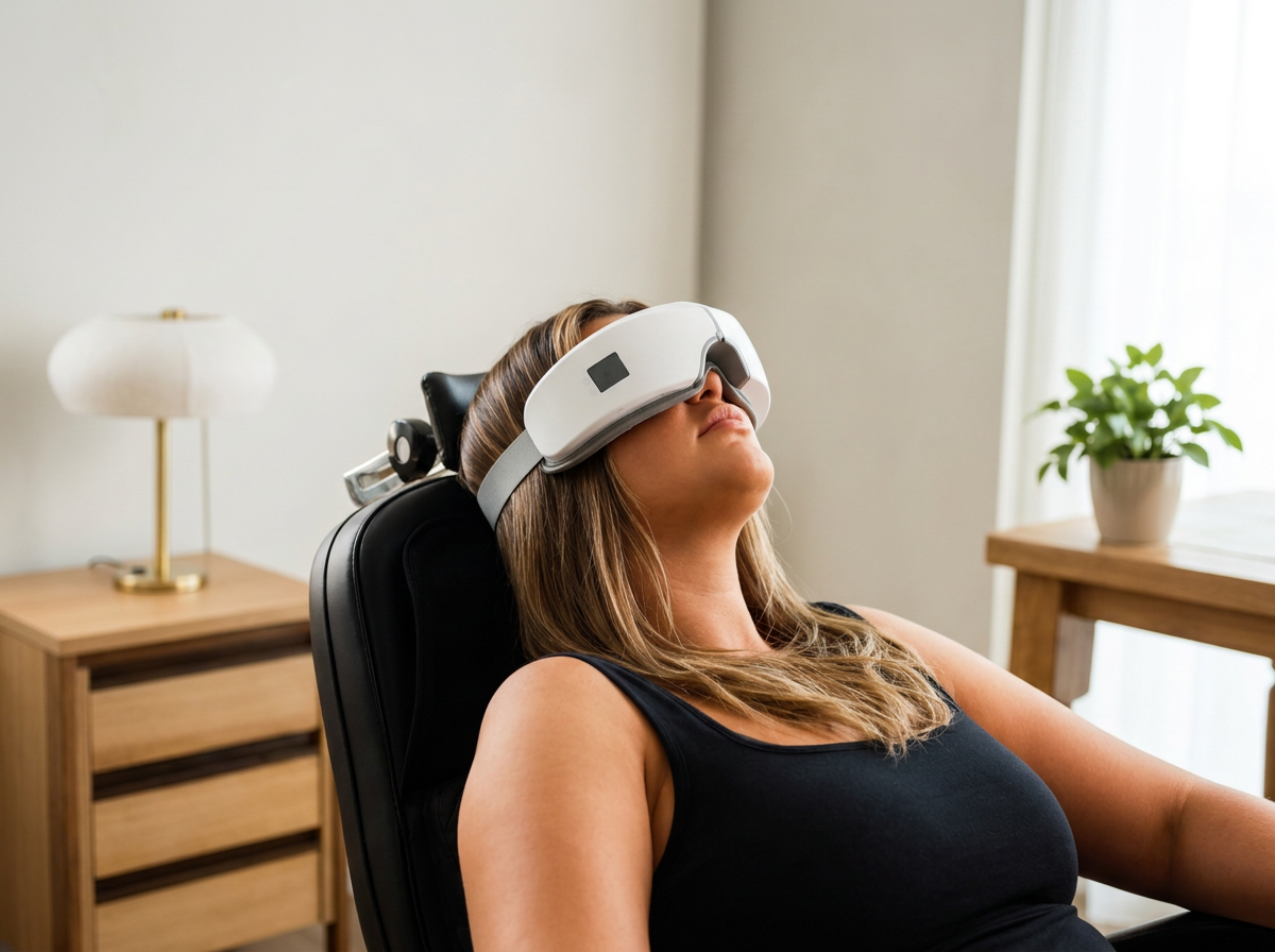 A woman with long hair wearing a black tank top is sitting in a black chair with her head tilted back, wearing a virtual reality headset in a softly lit room with a wooden nightstand, a white lamp, and a potted plant.