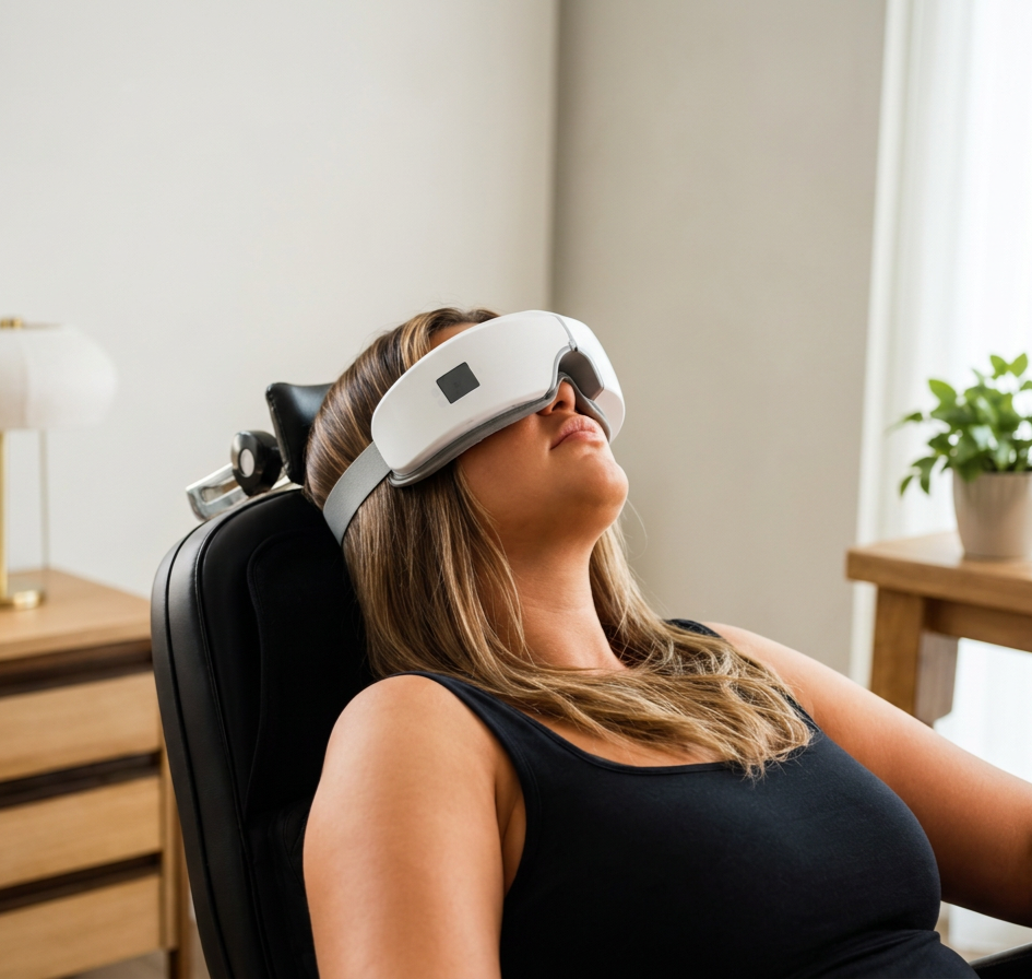 A woman with long hair wearing a black tank top is sitting in a chair with a virtual reality headset on in a room with natural light and wooden furniture.