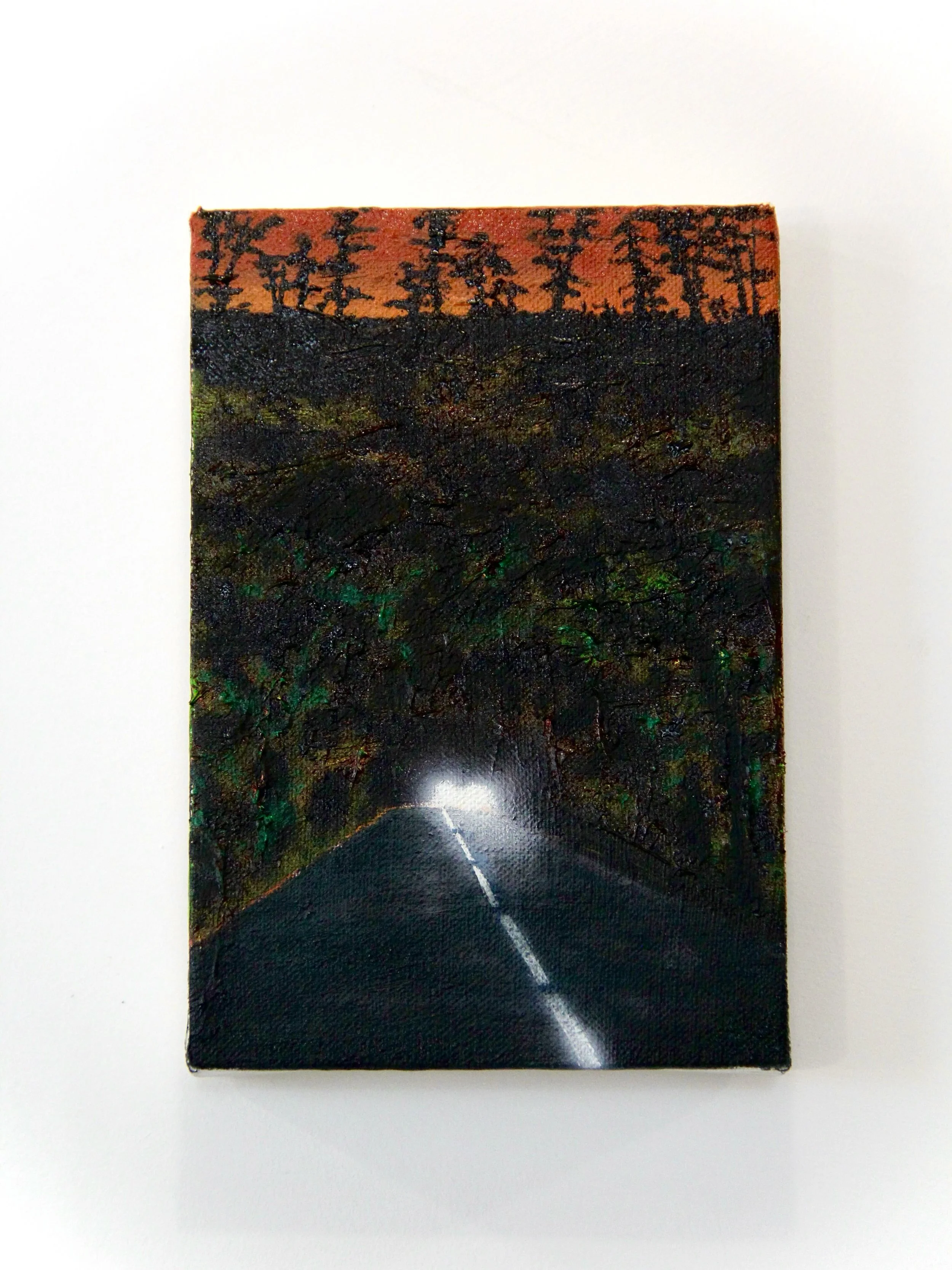 Oil on Linen, 4x6 inches 

#nightdrive #passenger #contemporaryart #imaginedlandcape #nightpainting