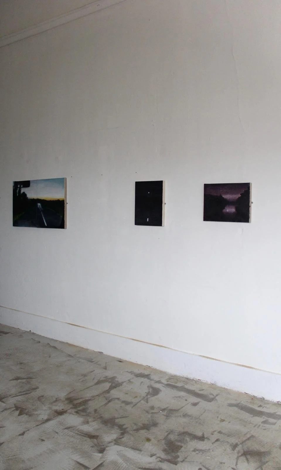 Gallery wall with three landscape photographs mounted on a white wall in an art space.