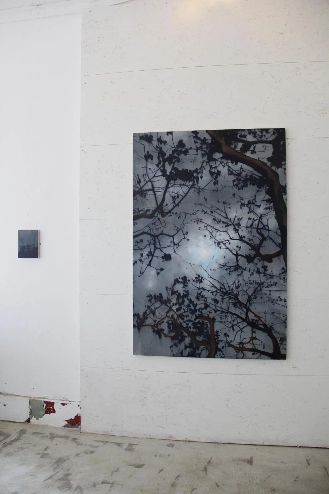 A photograph of a wall with a mounted painting reflecting tree branches against a cloudy sky.