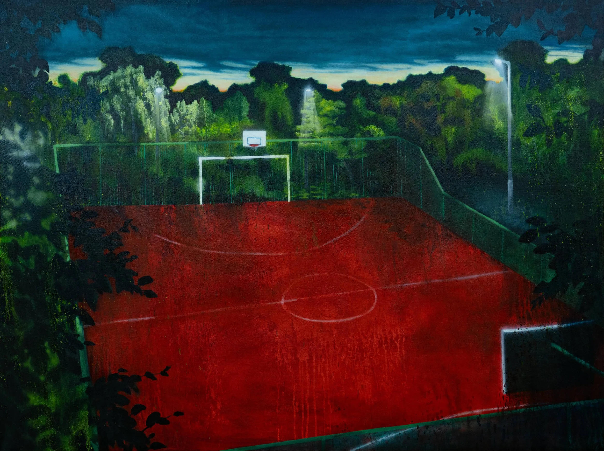 Painting called '5 a side' picturing the quiet stillness of the pitch, touring round galleries in Manchester and Sheffield