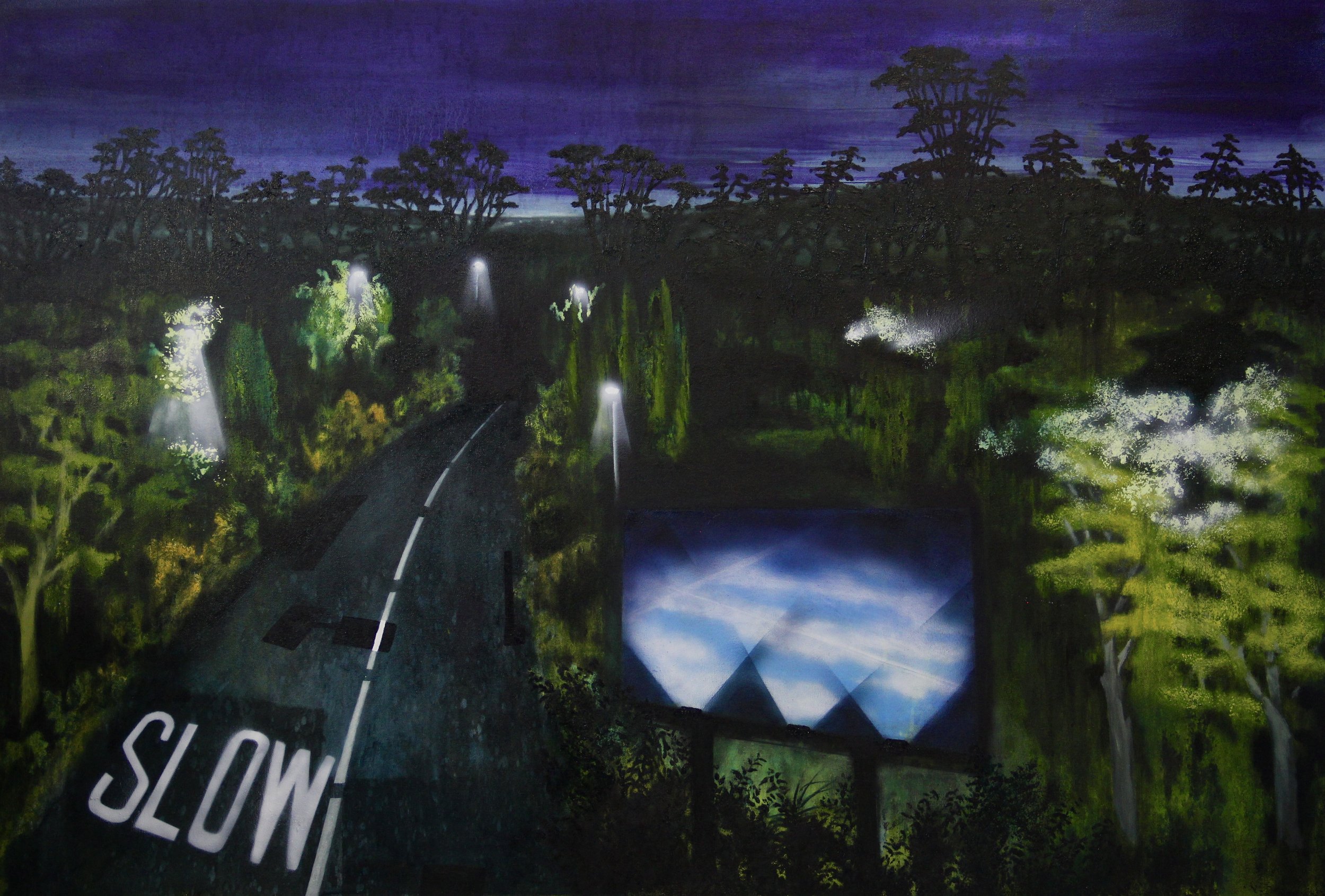 A painting of a road with streetlights and trees on both sides under a purple and blue night sky